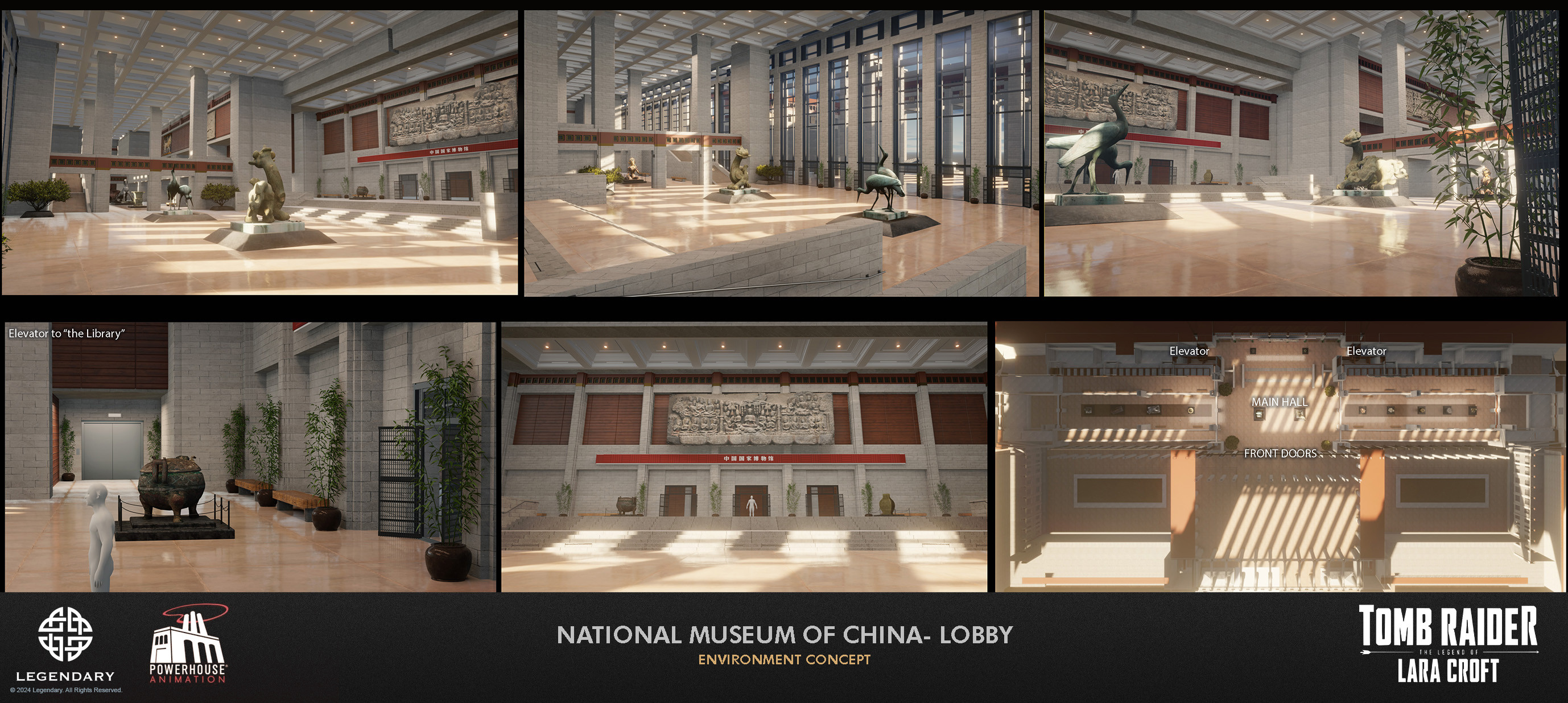 Based off of the real National Museum of China Lobby. I also did some callout sheets for the exterior, but they were mainly just photos of the real location. For the lobby, I swapped out many of the display items.