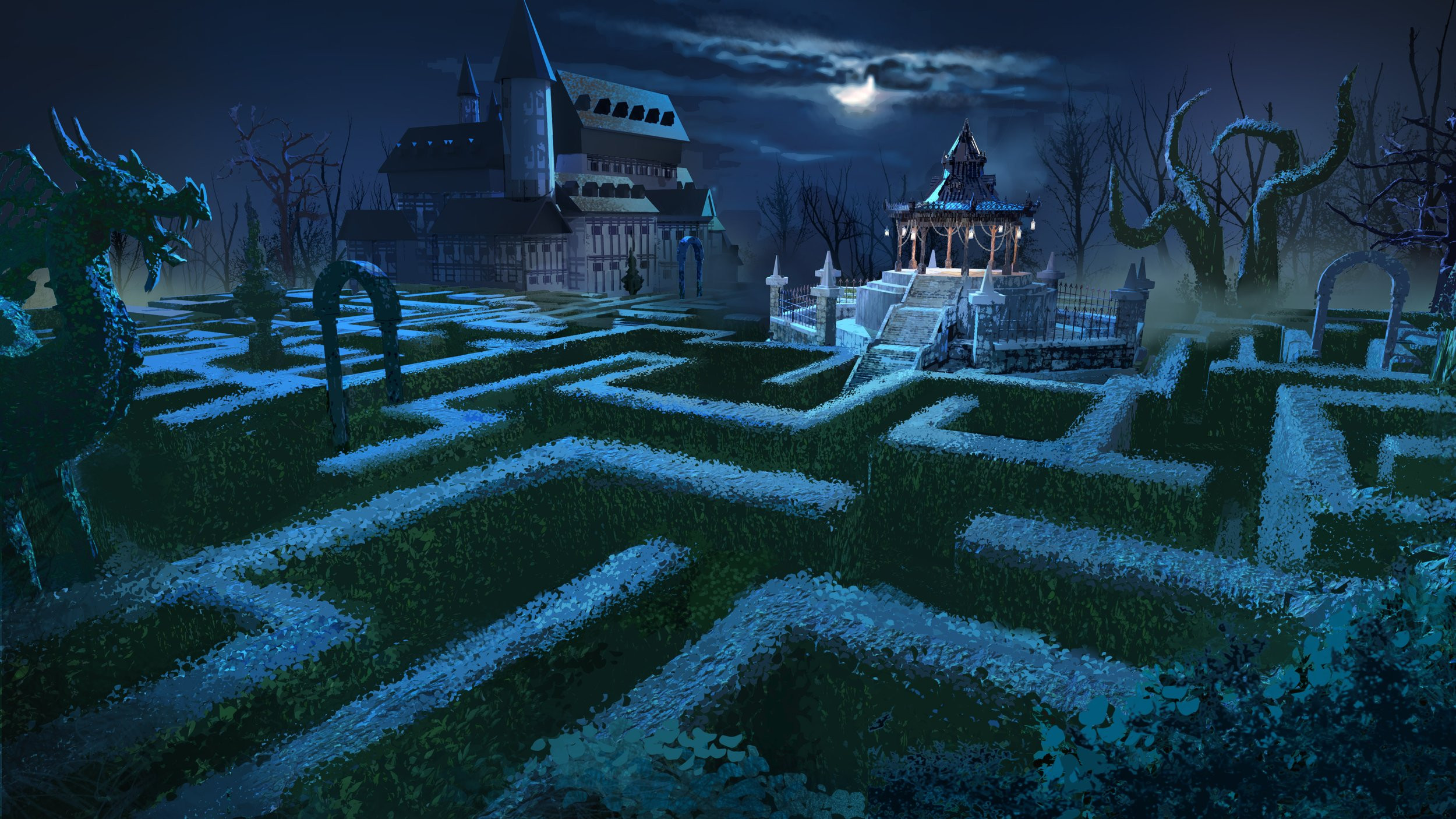 A mysterious hedge maze sits in the field behind the manor.