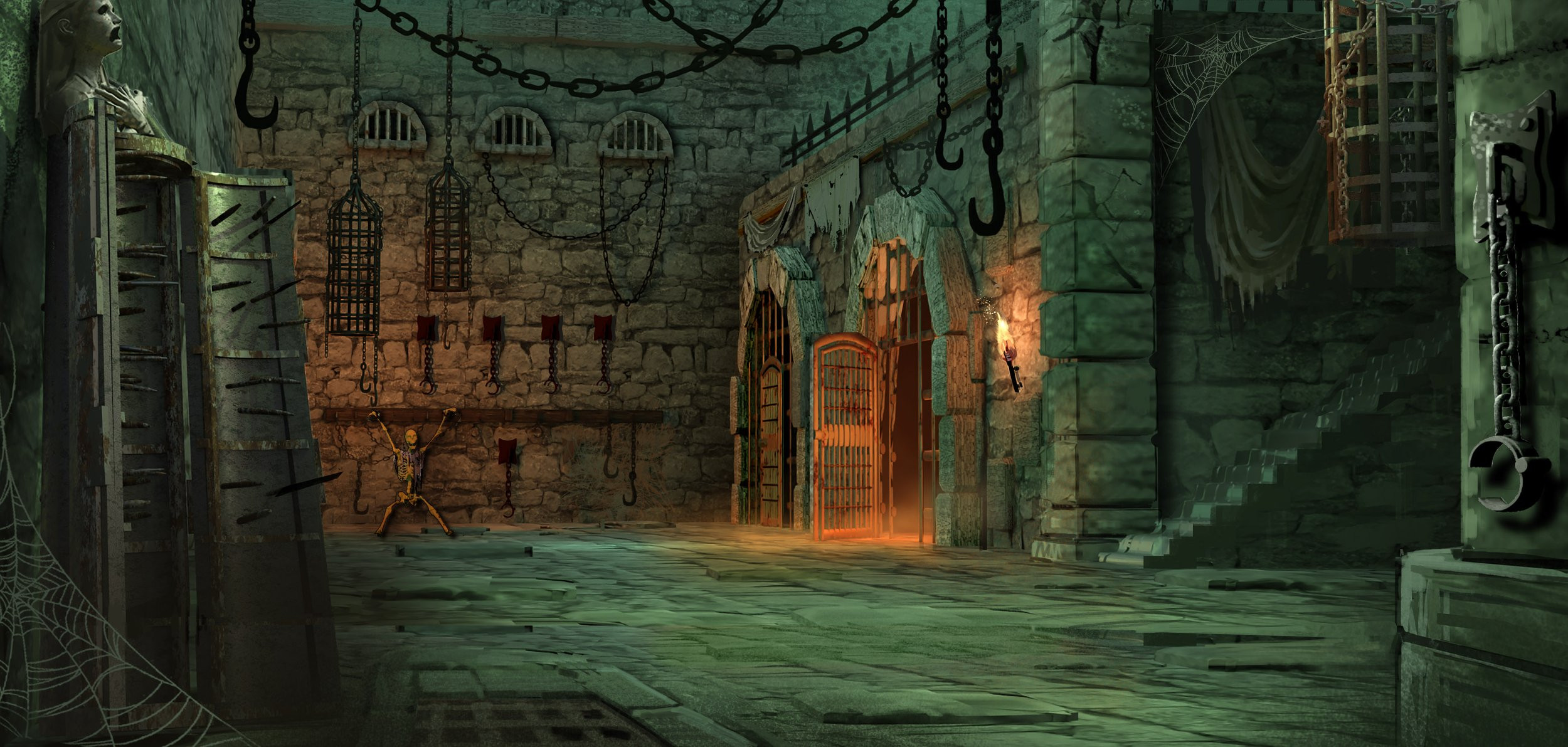 The library's secret door leads down to a ghoulish dungeon.