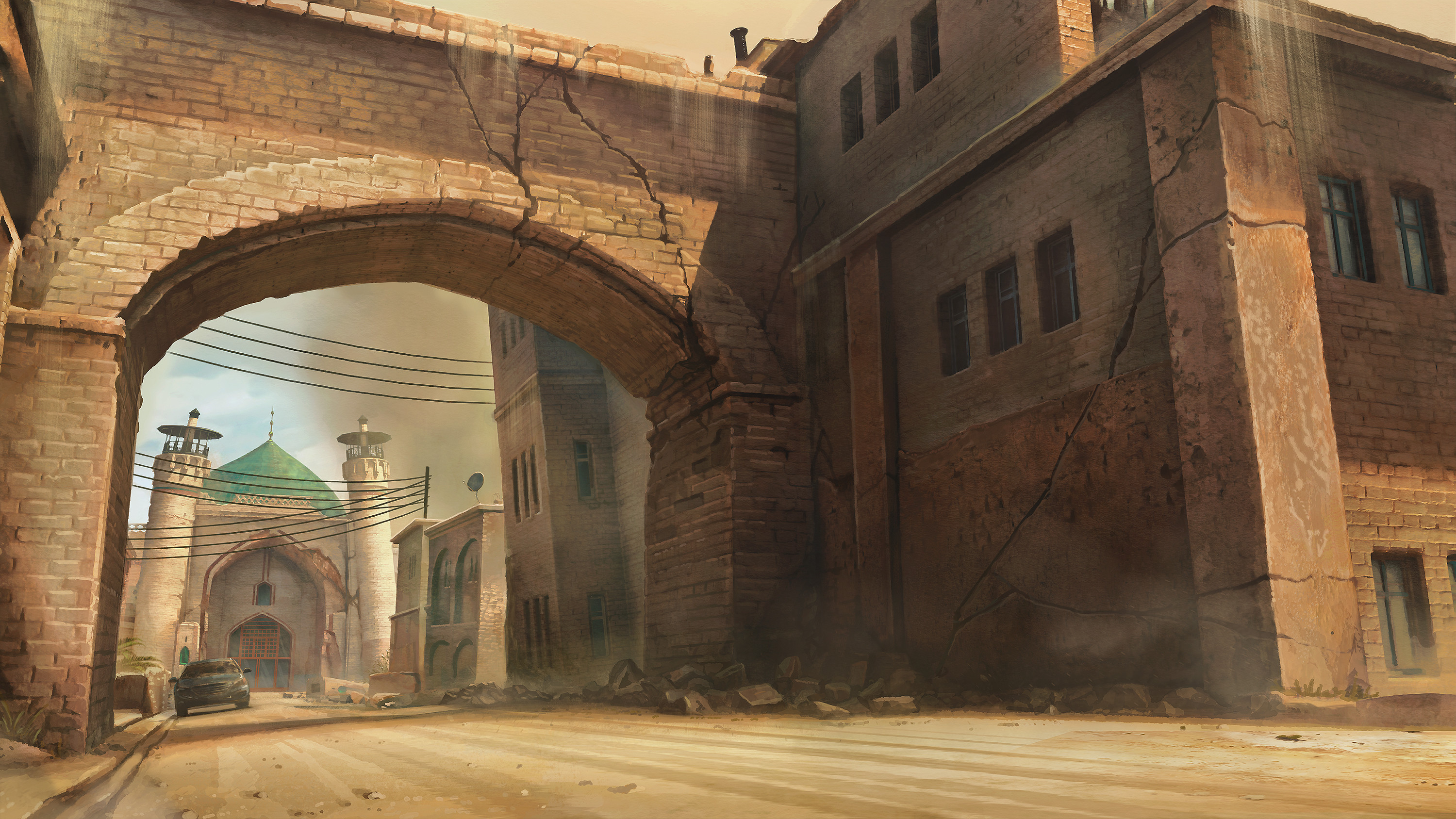 Motorcycle Chase- Decimated town background painting. Built out phased destruction layers in PS.