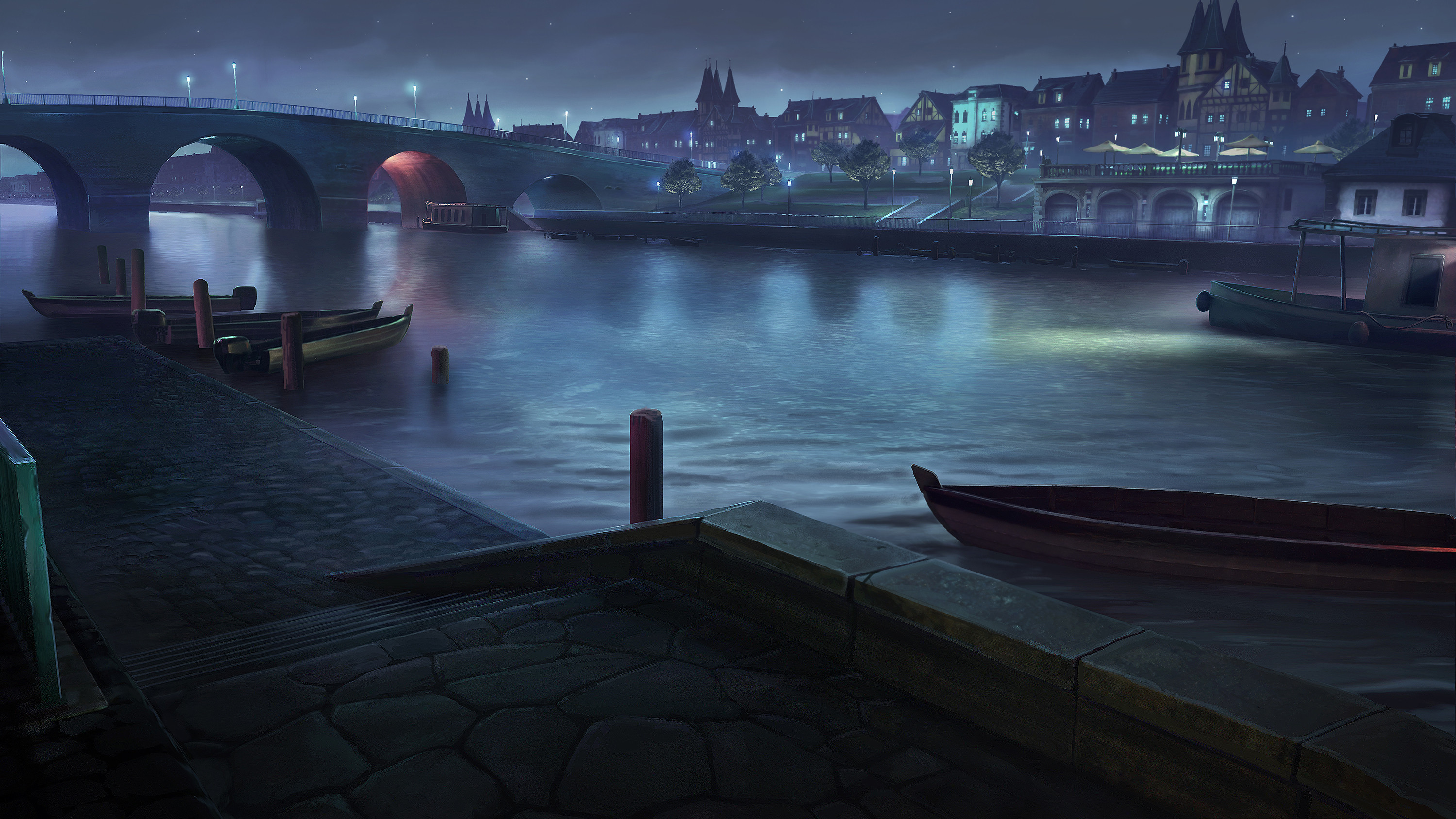 End of car/bike/boat chase background. Water ripples were a removable rough-in layer. Final ripples added in post.