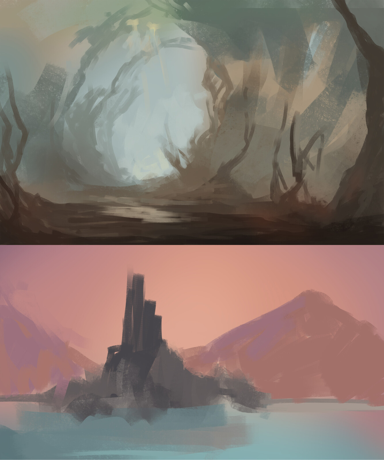 Initial colour blocks for both pieces of art. For landscape pieces, I tend to start with colxour blocks instead of sketches to get a good sense of scale, depth and colour rather than using sketches. 