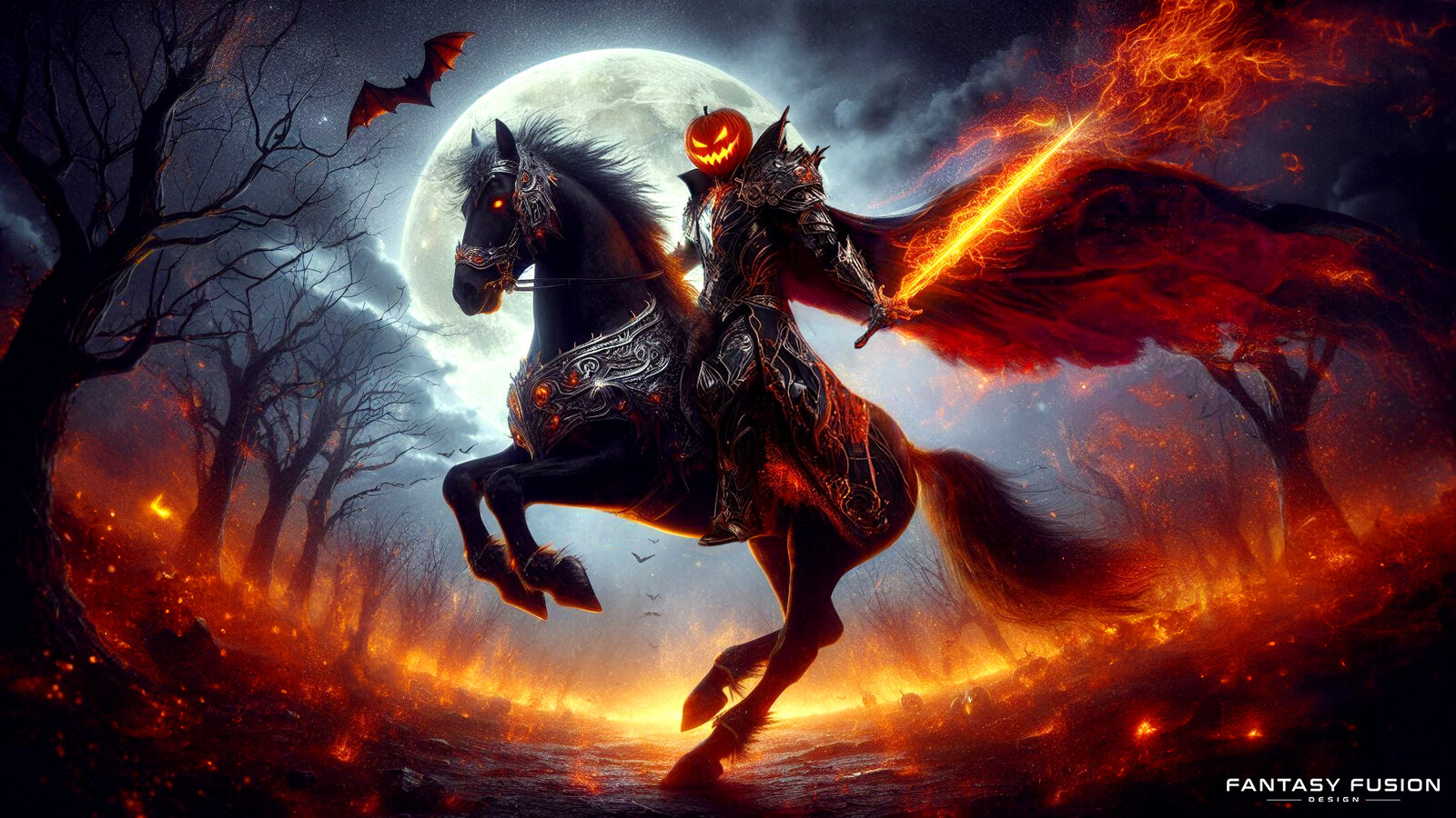 Once a soul who defied both Heaven and Hell, now he rides with the flame of his betrayal glowing through a hollow gourd. The boundaries of death deny him refuge, and his headless form rides ceaselessly toward a resting place beyond reach. 