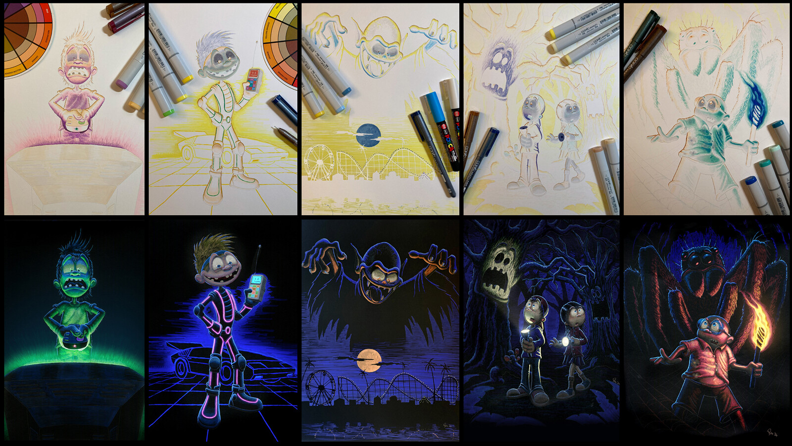 The 2024 ink sketches shown as they're originally created, and then inverted for the final effect.