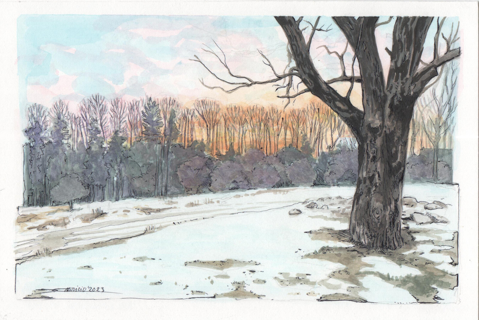 Winter Sunset. Kittery, ME. 6" x 9"
