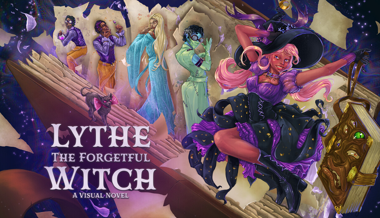 Key art and title screen for the game "Lythe the Witch: A Visual Novel". 