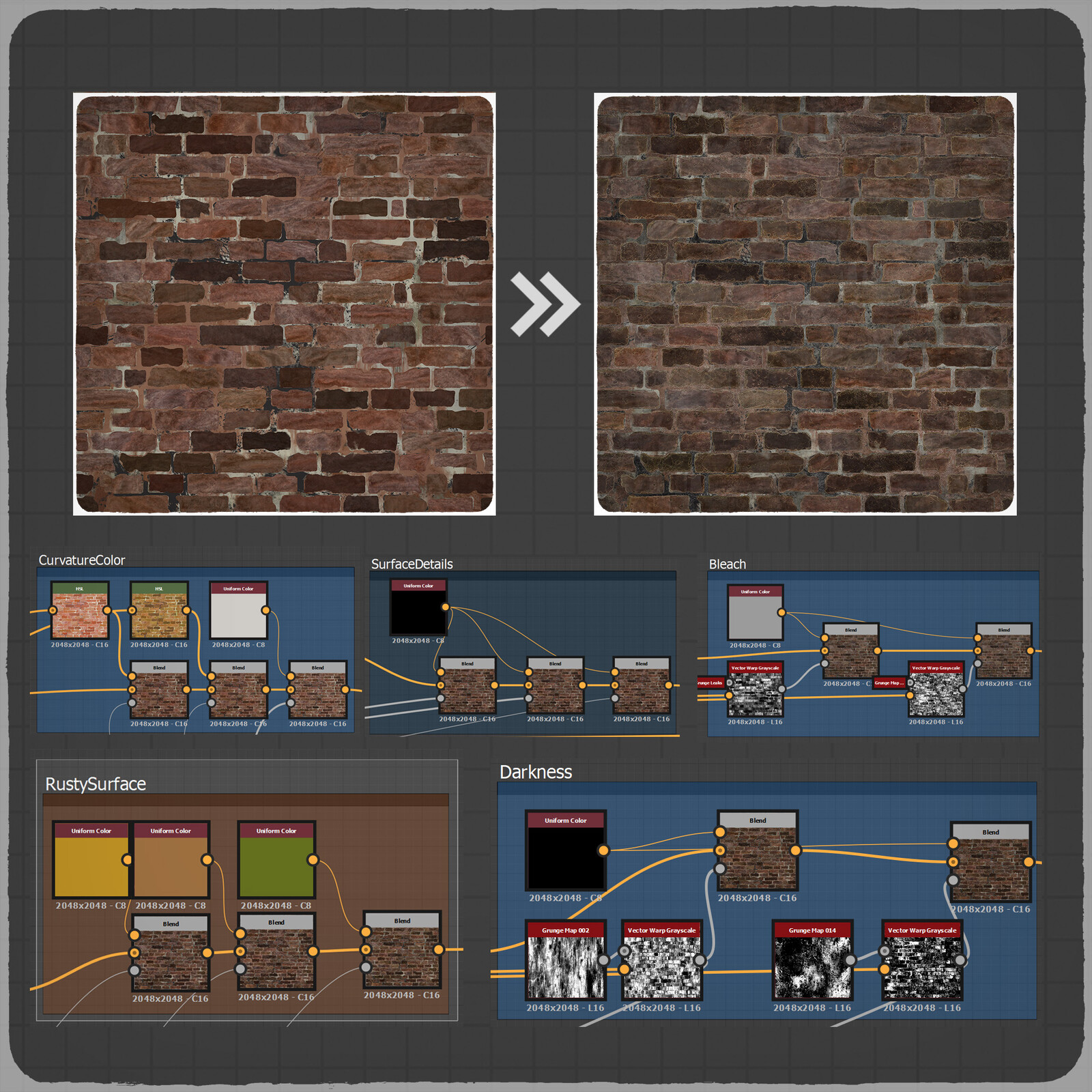 Here, I applied different colors to the edges and key areas of the bricks (sides, top, and bottom) to create a more organic look. I also used the Curvature node to enhance the edges with a crisper base color.
