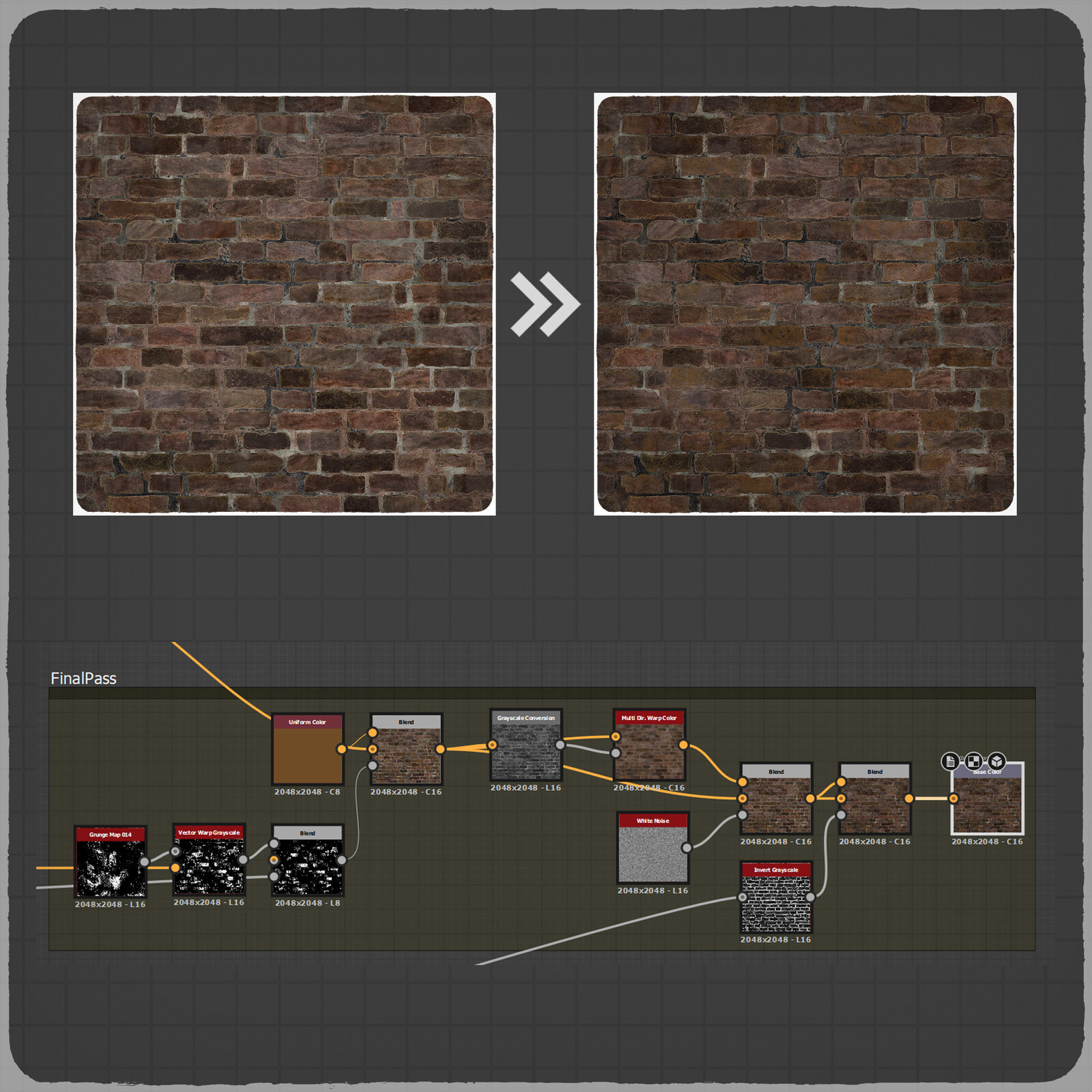 For the final pass, I added some noise and AO (ambient occlusion) to the base color, which is something I usually apply to most of my materials.
