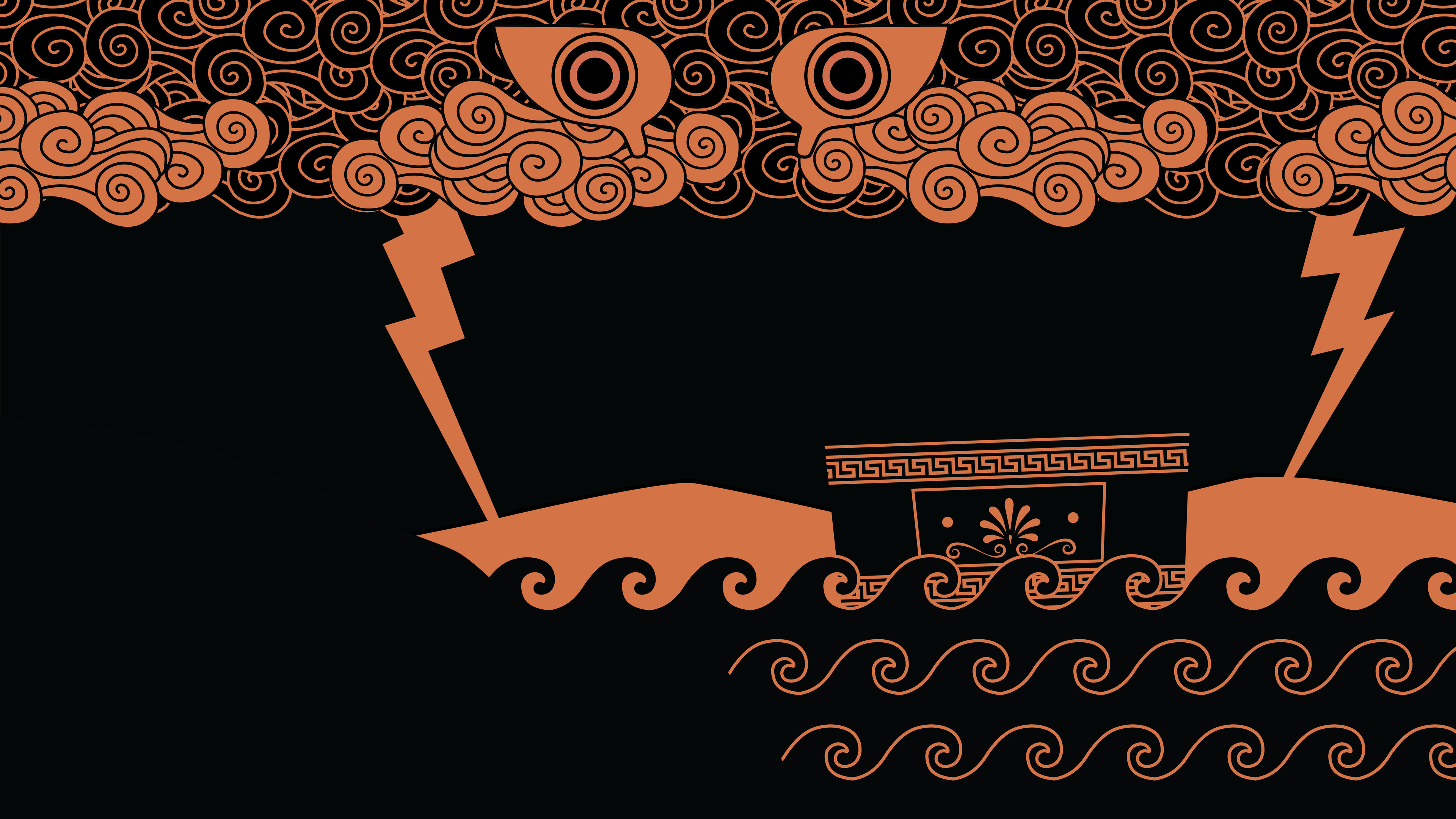 This is the same image as above but the sky has turned black as Zeus is angered by this turn of events before asking Poseidon to carry the chest to safety.