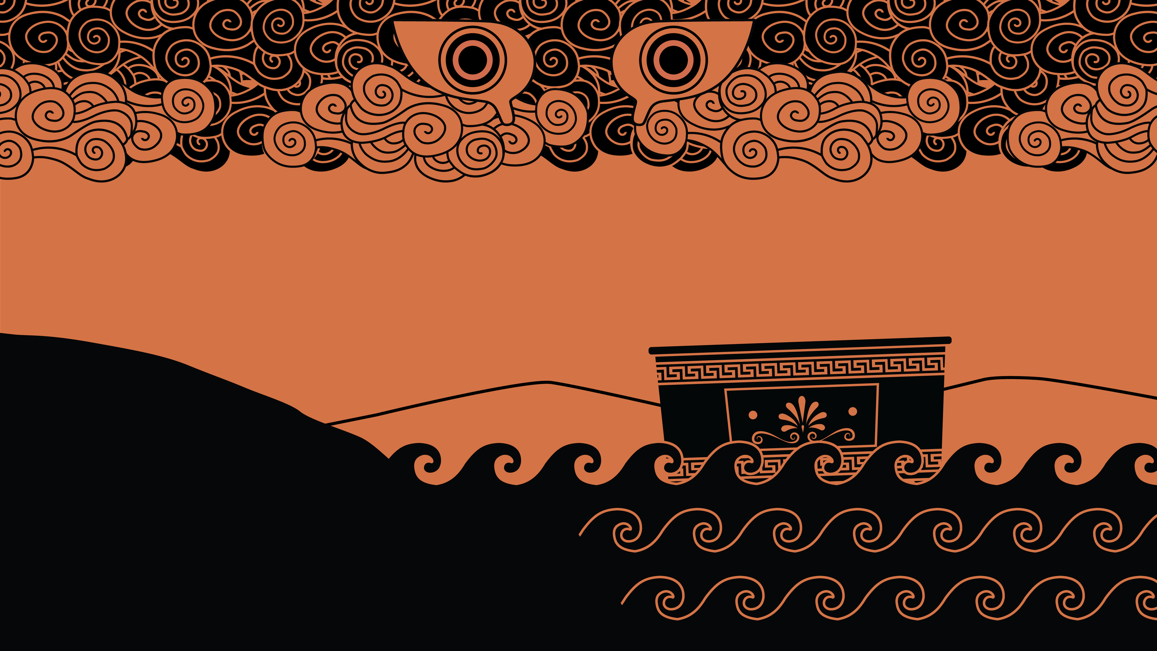 Now that I have made my repeating patterns, I am seeing how they will look once I incorporate them into scenes. Here is the wooden chest, containing Danae and Perseus, having been set adrift in the Aegean. The eyes in the clouds represent Zeus. 