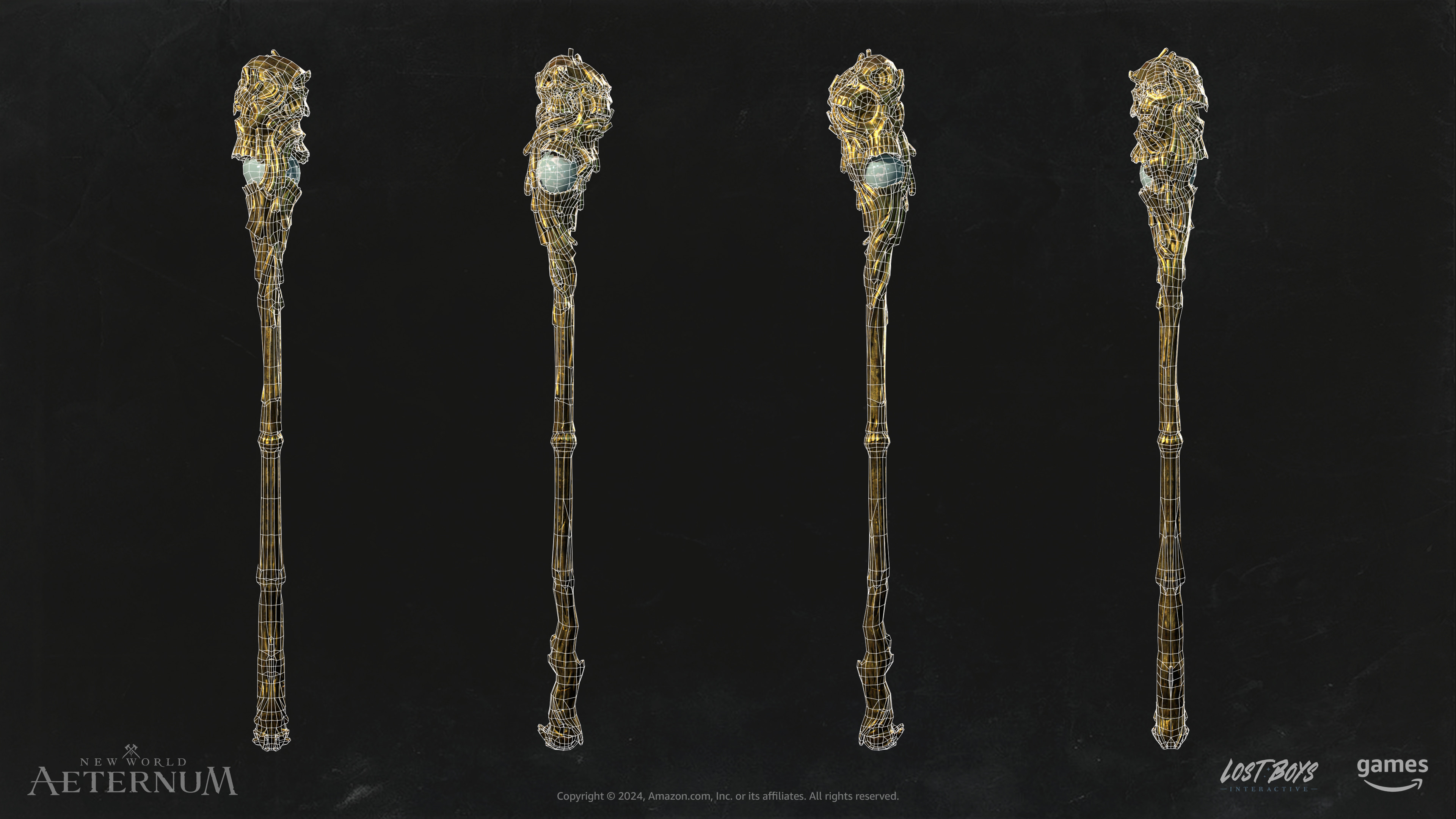 Gold Cursed Life Staff low poly - wireframe