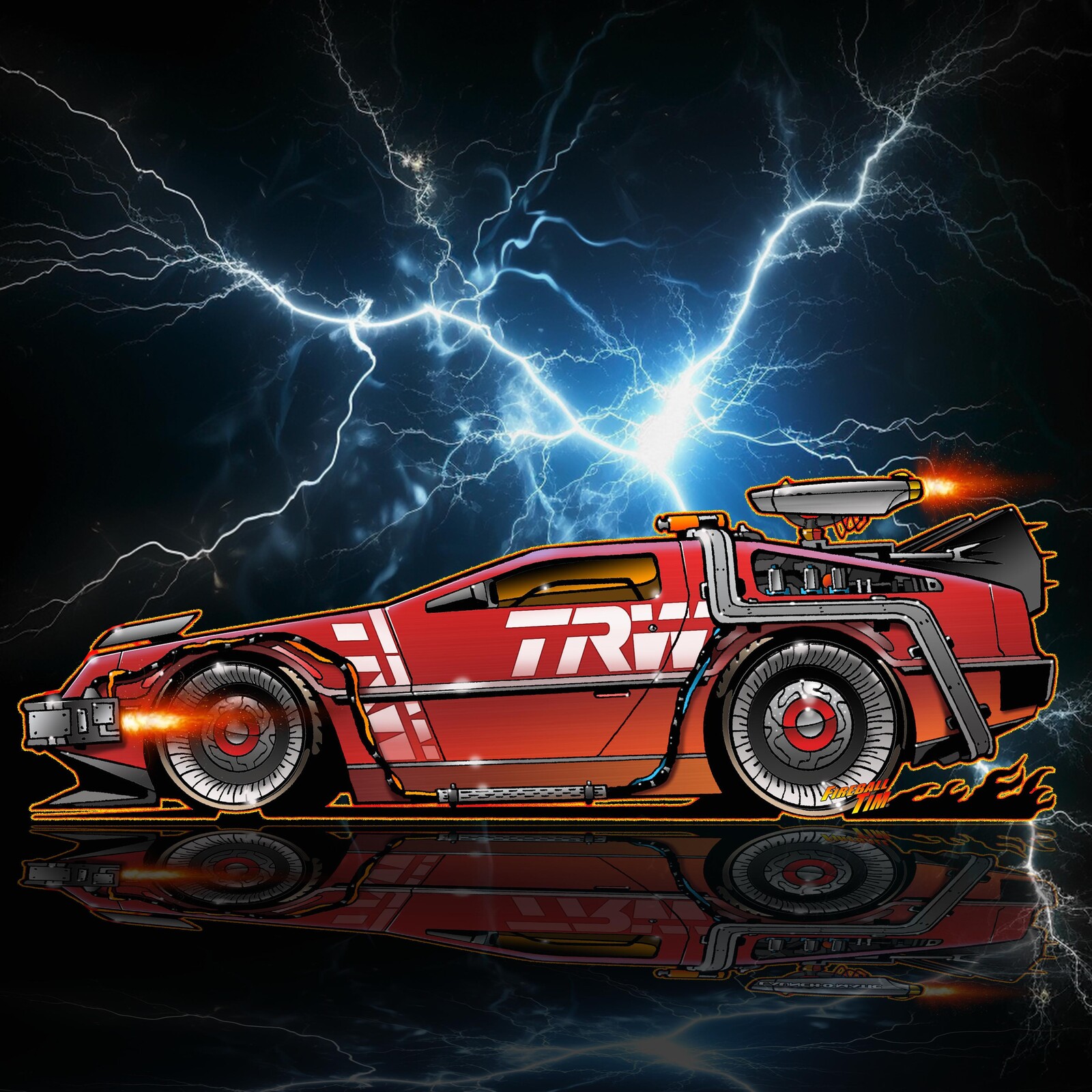 TRW RED STEEL DELOREAN Automotive Pop Culture Concept Art by Fireball Tim Garage