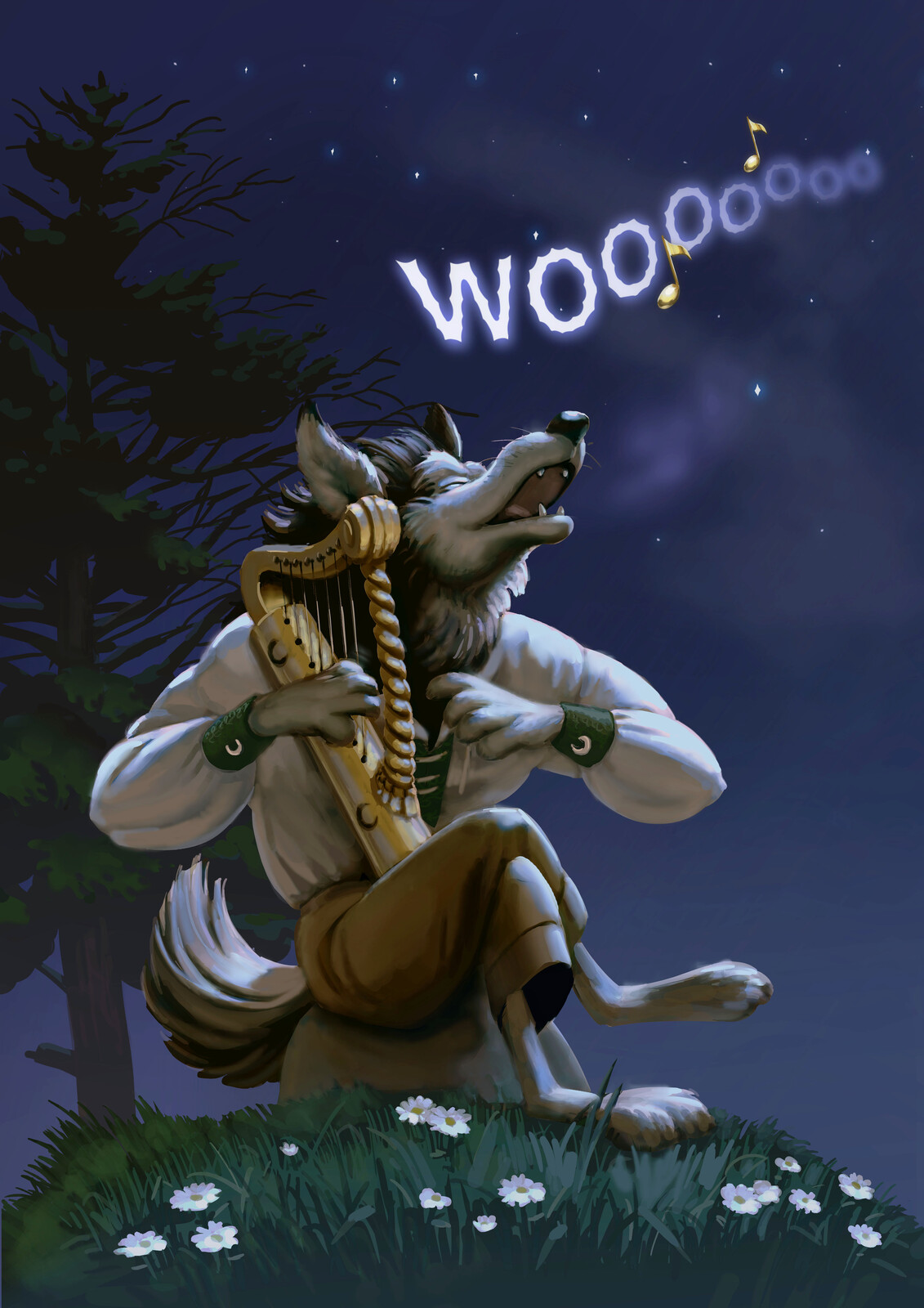 Wolf playing a harp in the moonlight