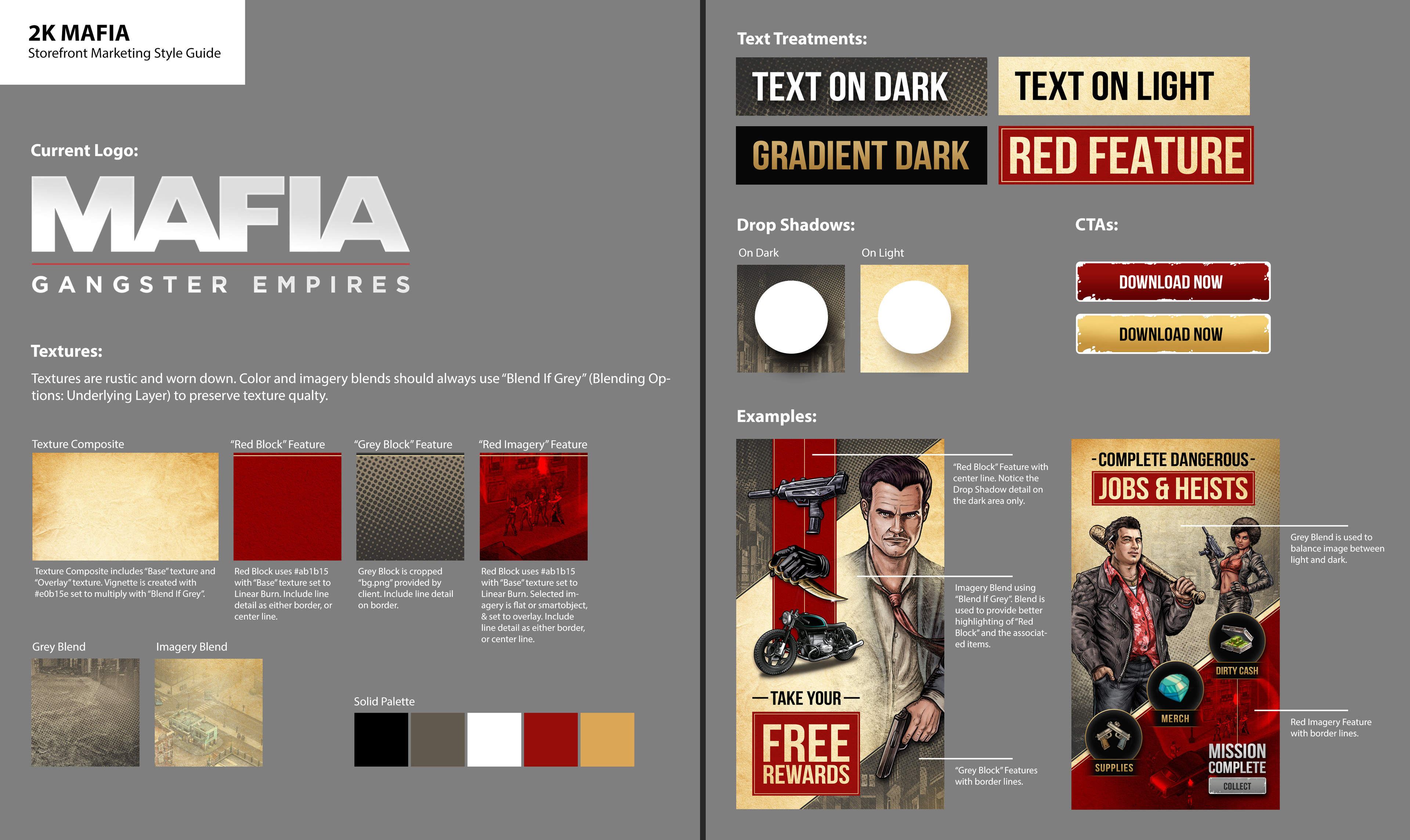 Storefront marketing guide for Mafia: Gangster Empires. This, alongside the client's existing brand guidelines and assets, would be referenced for incoming campaign ad content for designers and producers. 