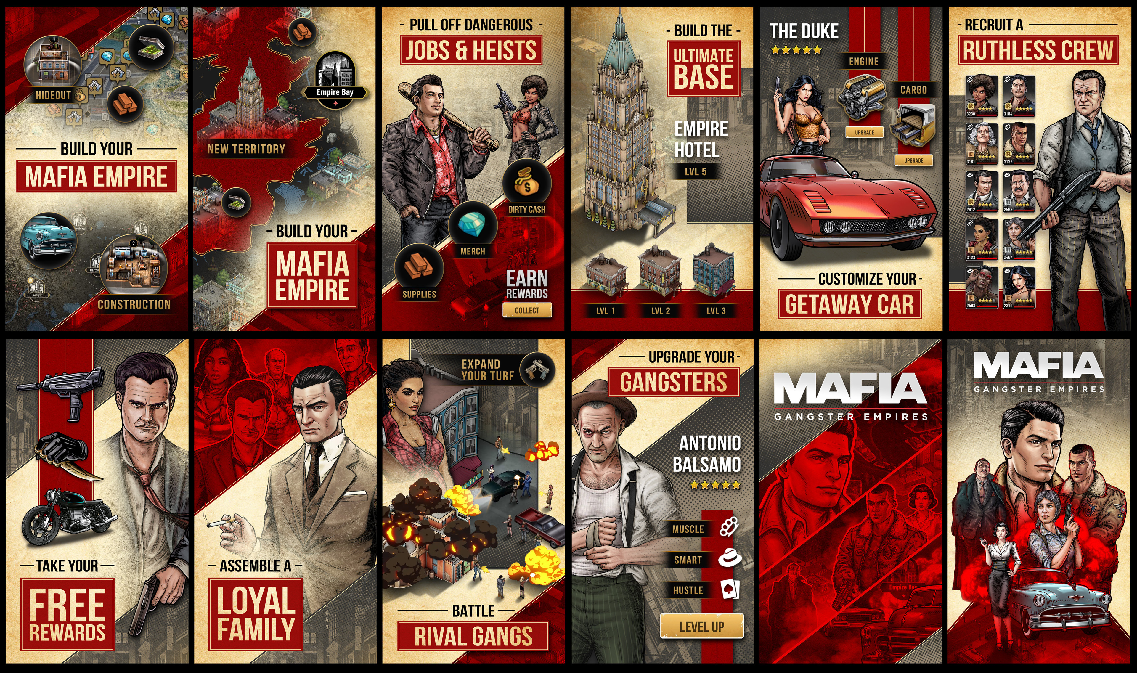 Mafia: Gangster Empires | App Storefront Designs. Visual theme was created using distressed textures, stipple gradients, and a limited palette with crimson red used as an accent color to drive focus. 
