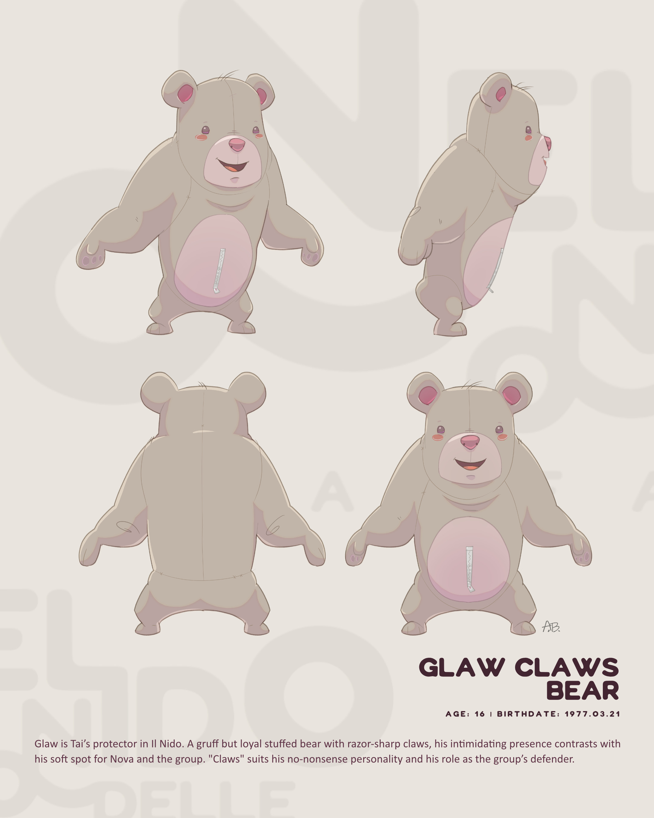 Glaw is Tai’s protector in Il Nido. A gruff but loyal stuffed bear with razor-sharp claws, his intimidating presence contrasts with his soft spot for Nova and the group. "Claws" suits his no-nonsense personality and his role as the group’s defender.