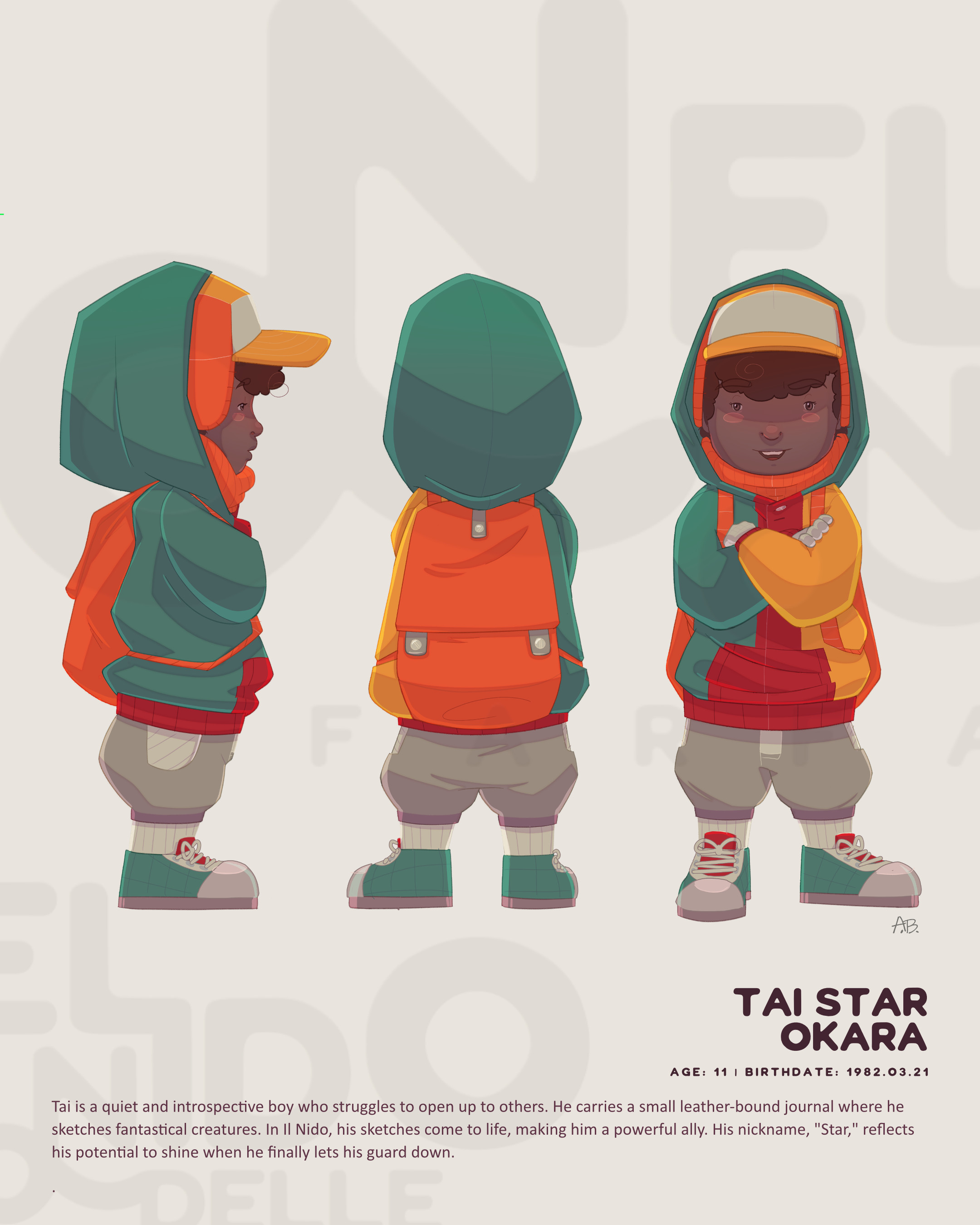 Tai is a quiet and introspective boy who struggles to open up to others. He carries a small leather-bound journal where he sketches fantastical creatures. In Il Nido, his sketches come to life, making him a powerful ally. His nickname, "Star," reflects hi