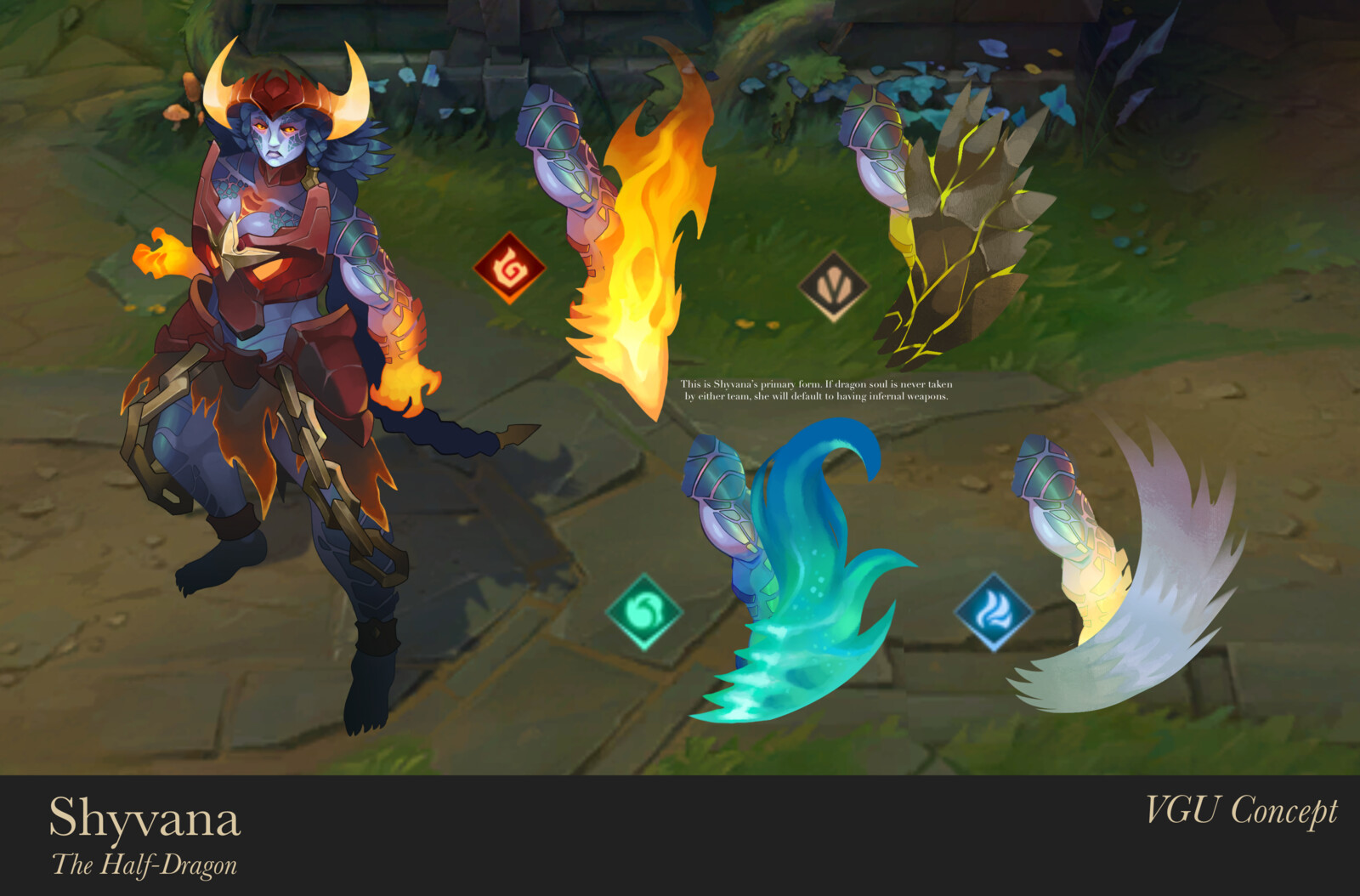 In-game mock up with ideas for different elemental drake claws.