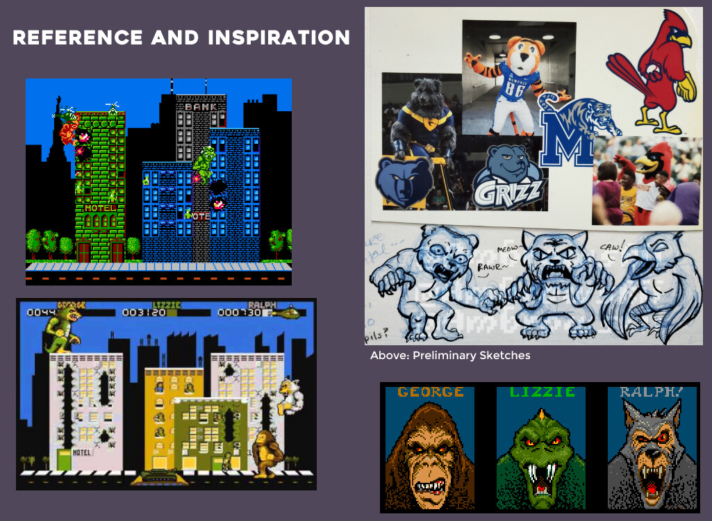 Reference and Inspiration material shown above were used for research purposes only. I do not claim rights to the above copy-written screenshots, logos, and designs; only to my inspired drawings of Memphis mascots.