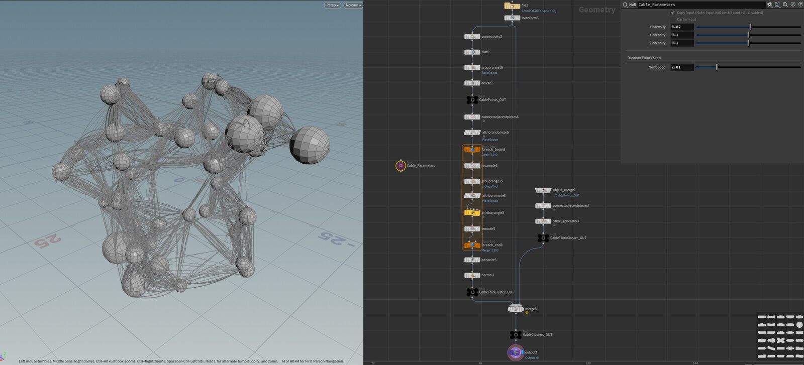 I made a procedural tool from Houdini that exports 2 clusters of cables from random points on the specific cube structures for additional meshes to manifest a strong sense of interconnections in the world of UNO.