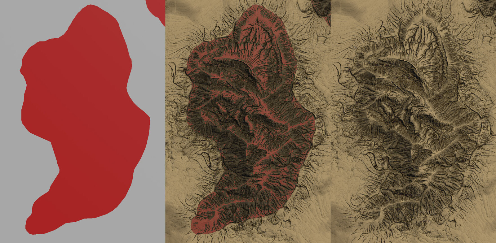 The biggest challenge in Houdini was to make sure the mountains are exactly in the space Game Design painted them in Photoshop: only in the red area of the 2D texture.