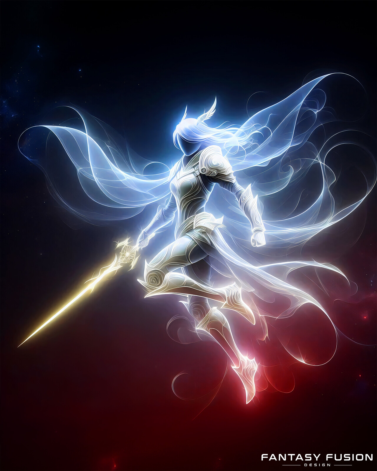She is the light in an eternal void, a defender and creator of realms unknown to mortals. Her blade vanquishes the darkness, breathing life into the brightest stars and vast stellar systems. 