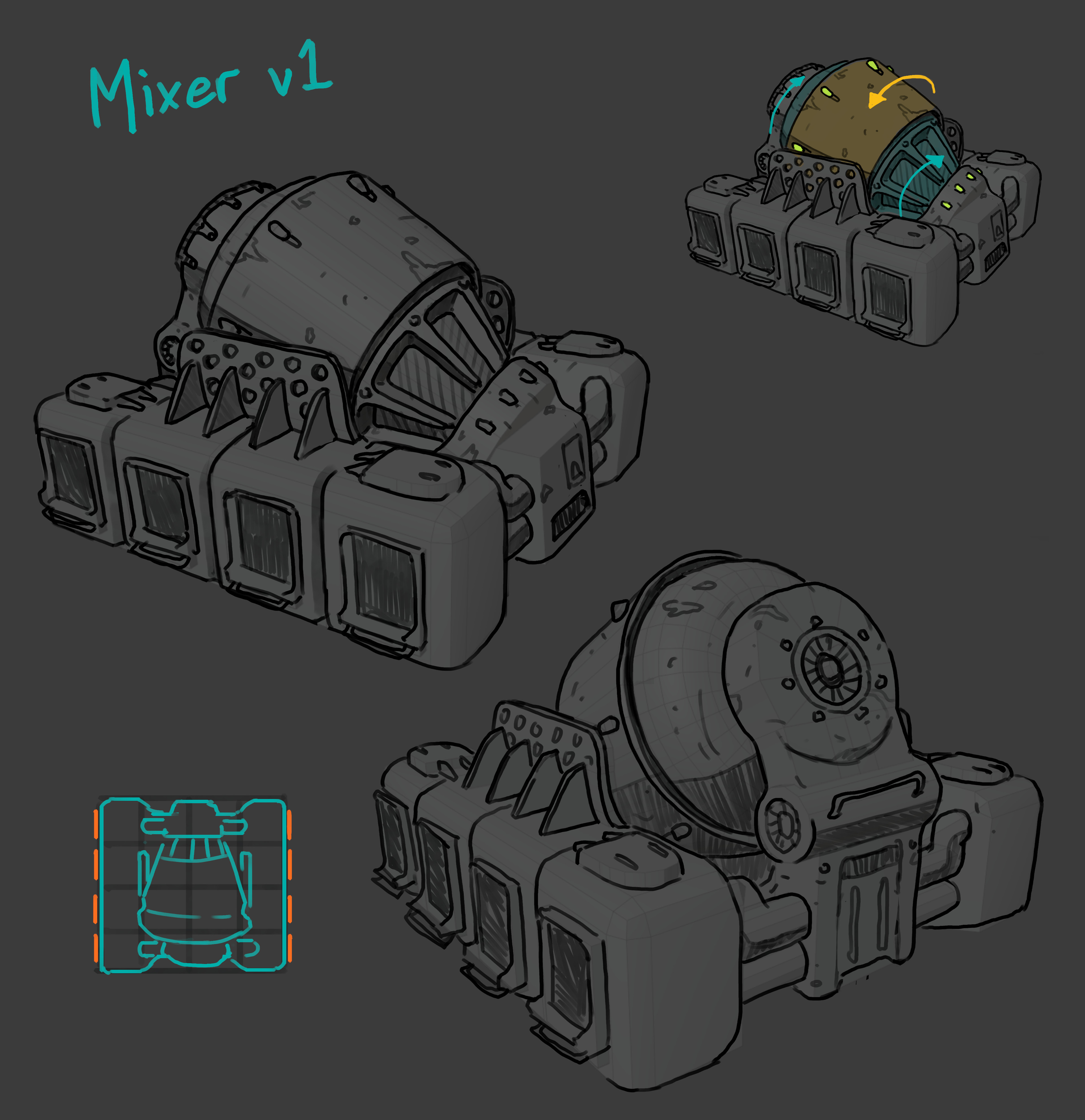 The Mixer, a machine that would take multiple late-game resources and combine them. The functionality was eventually rolled into the Crusher machine.