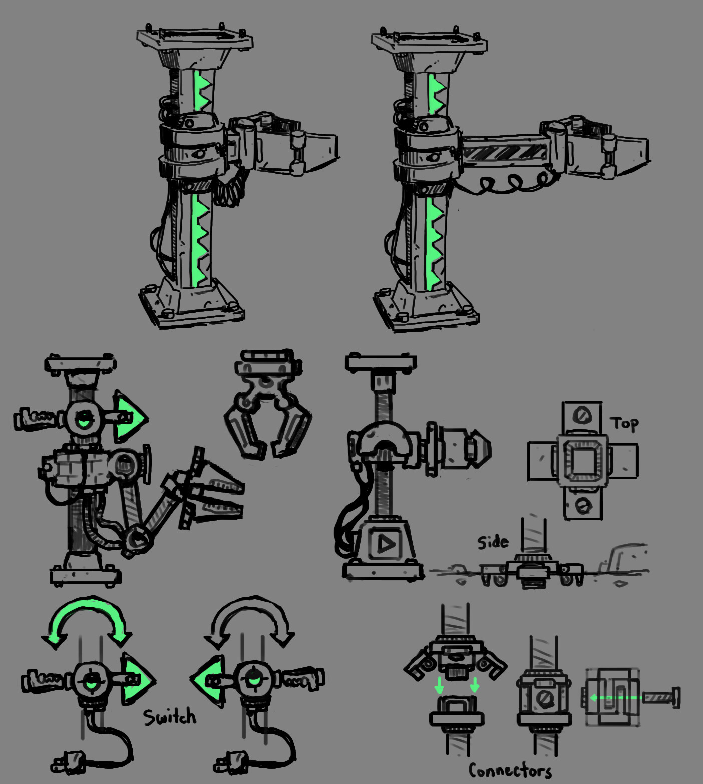 A claw-based inserter concept from when all machines had to stack vertically on top of each other in a clean and obvious way. This is probably the closest concept before we got to the final design.