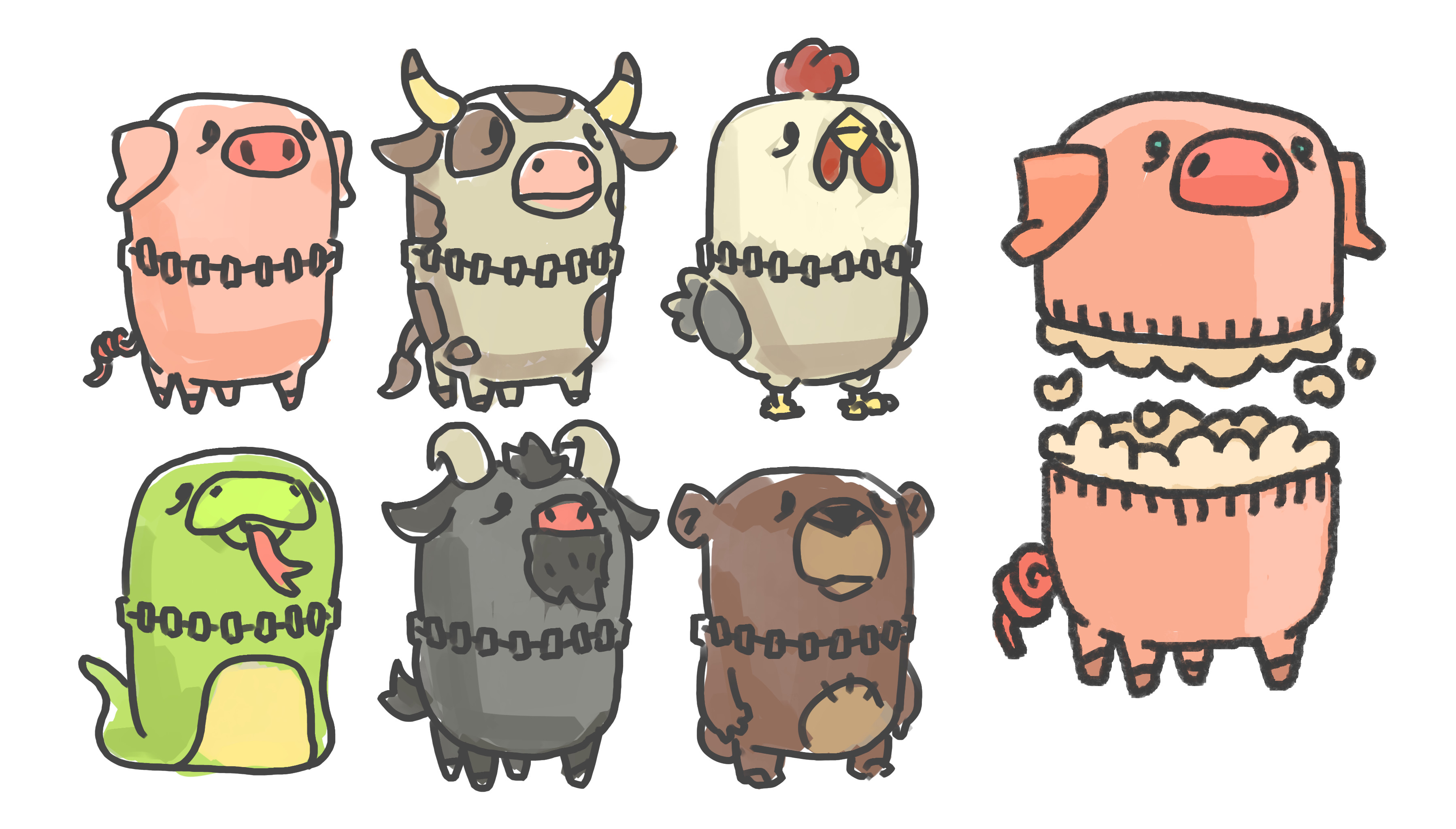 Plushie critters that can split in half to be sewn onto other animals in a mix-n-match style game