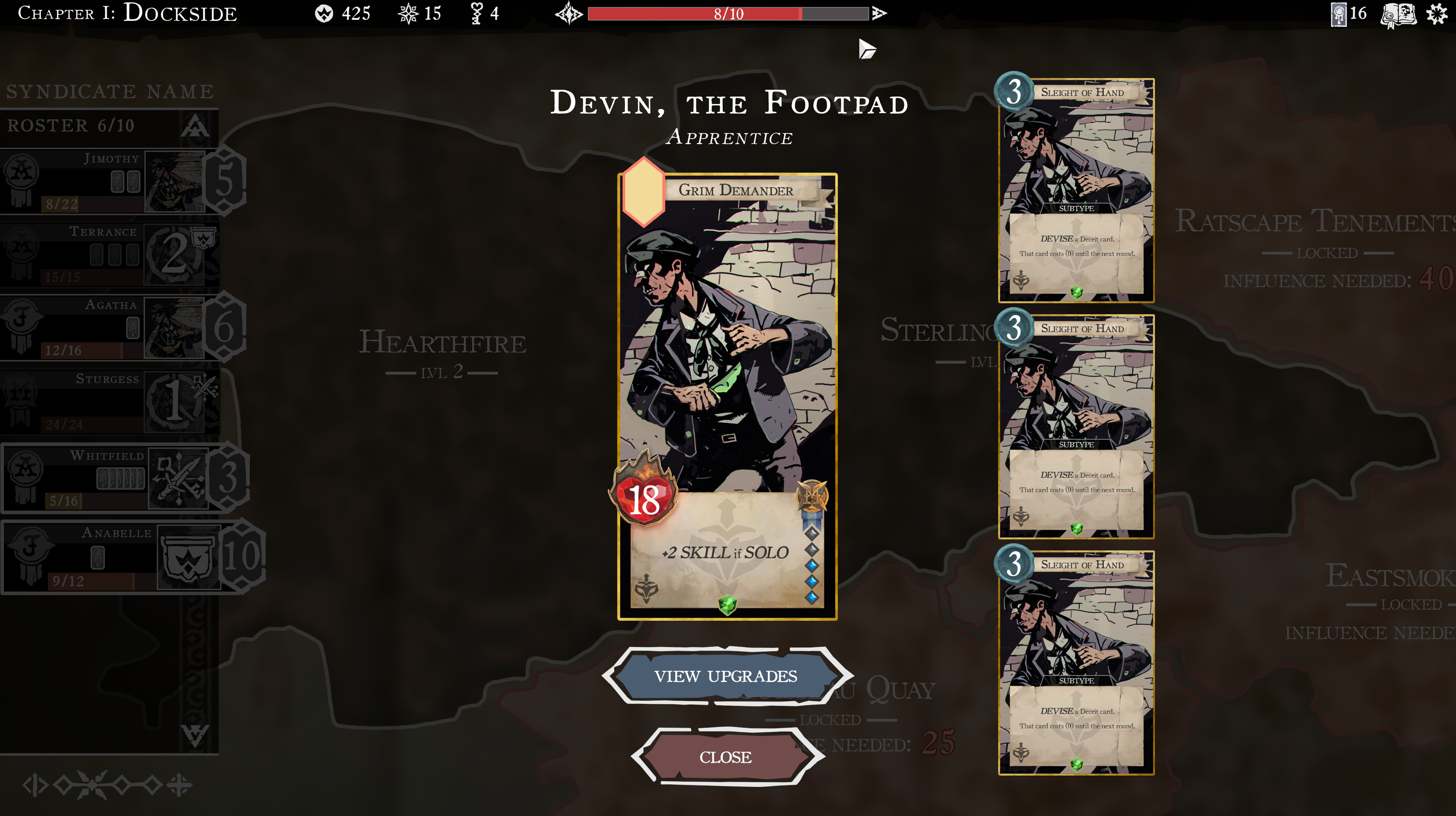 Detail view of an Agent card. The smaller cards are linked to an Agent and are added to the deck when the Agent is participating in an encounter.