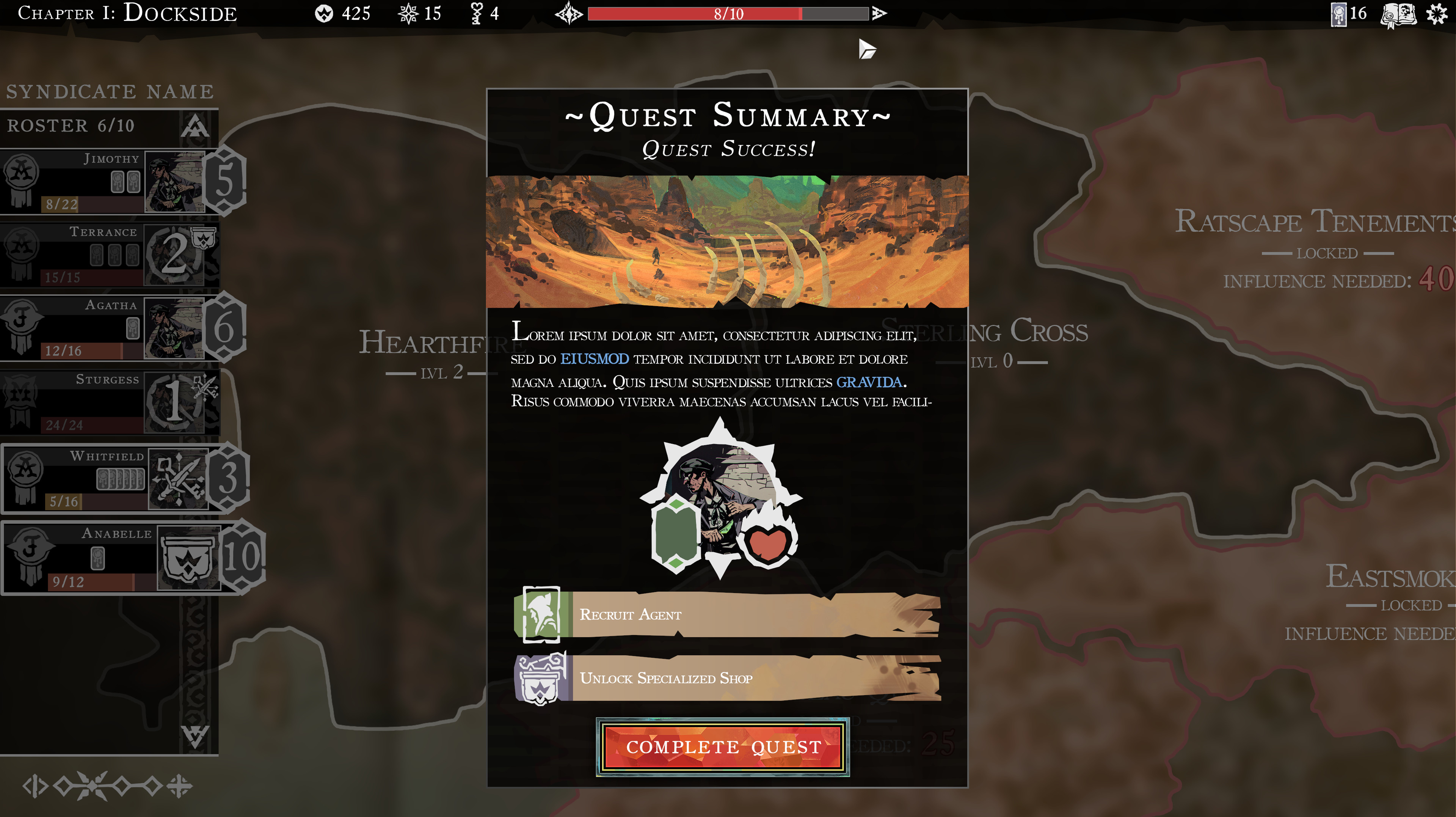 Quest summary and reward choices.