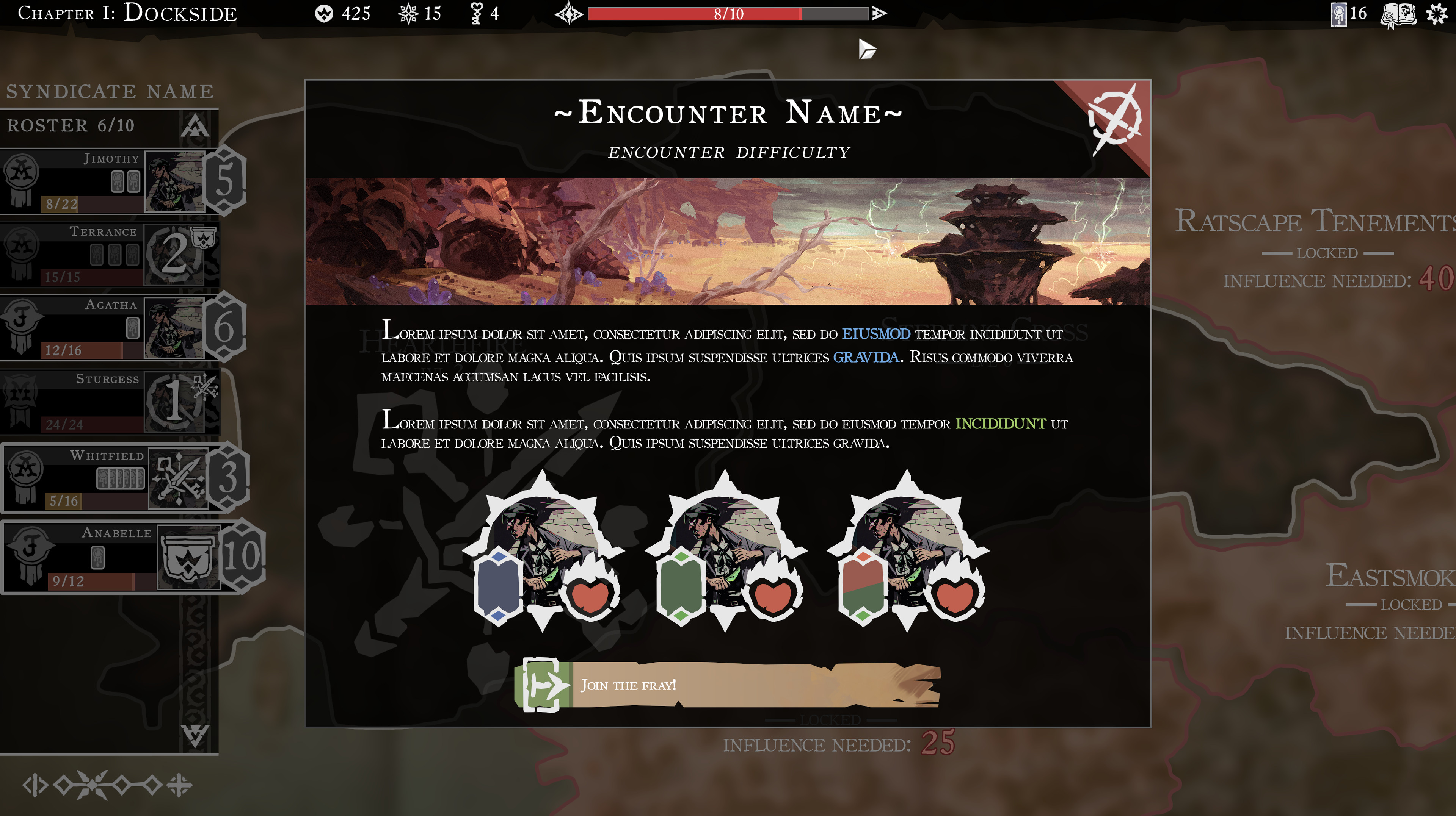 Encounter intro and summary. This panel pops up when the player starts an Encounter.