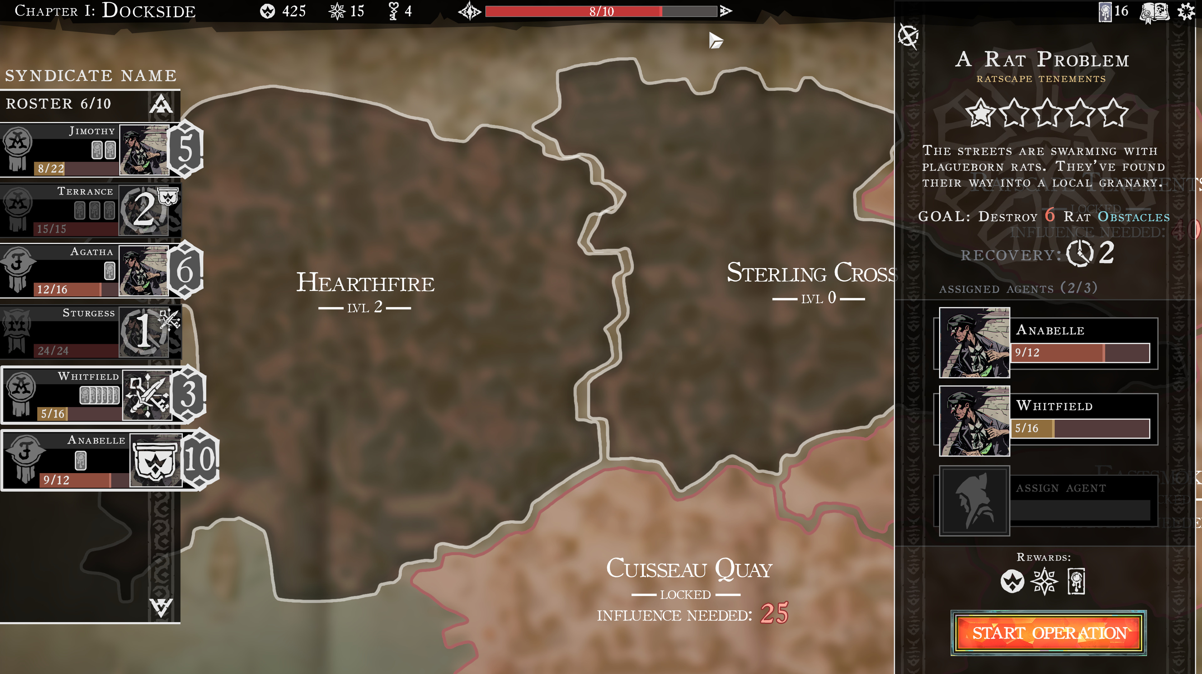 Side-panel view of an Encounter where a player can assign their available Agents.