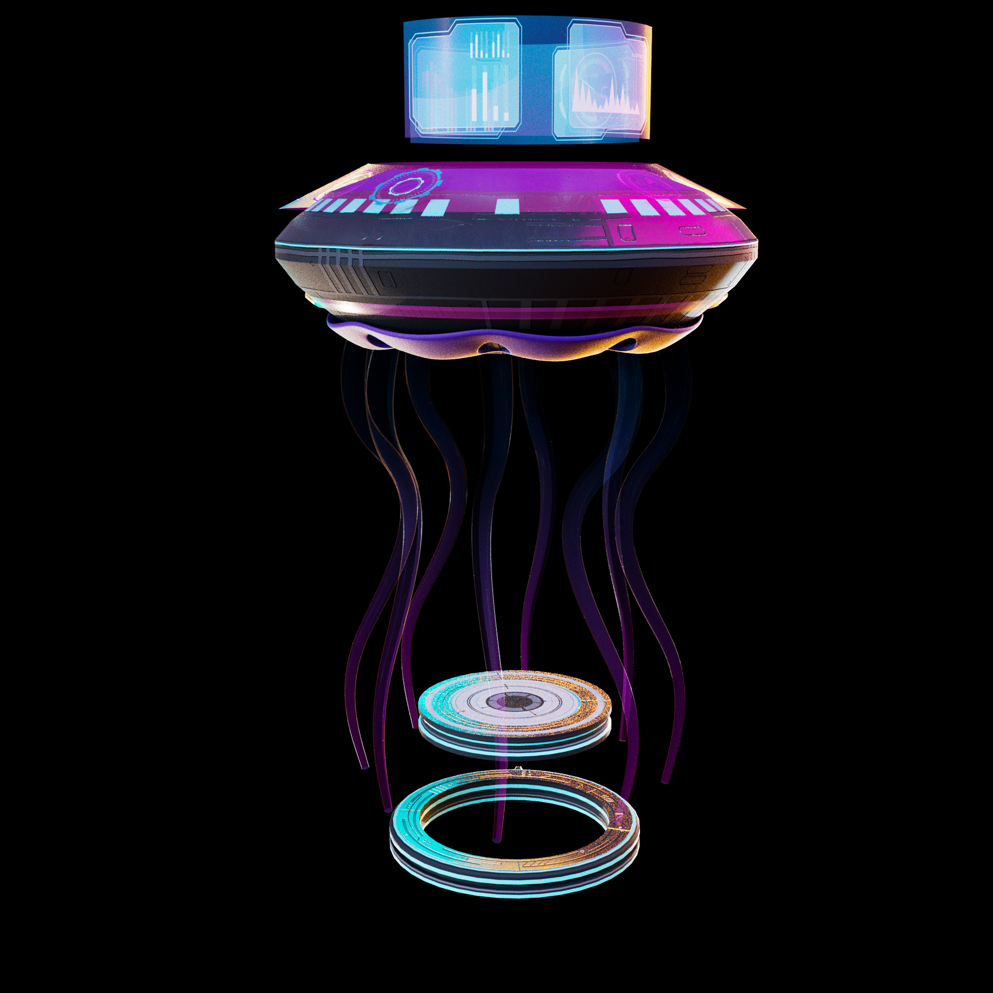 This DJ podium floats above the main dance area. The DJ has a full view of the dance floor. 