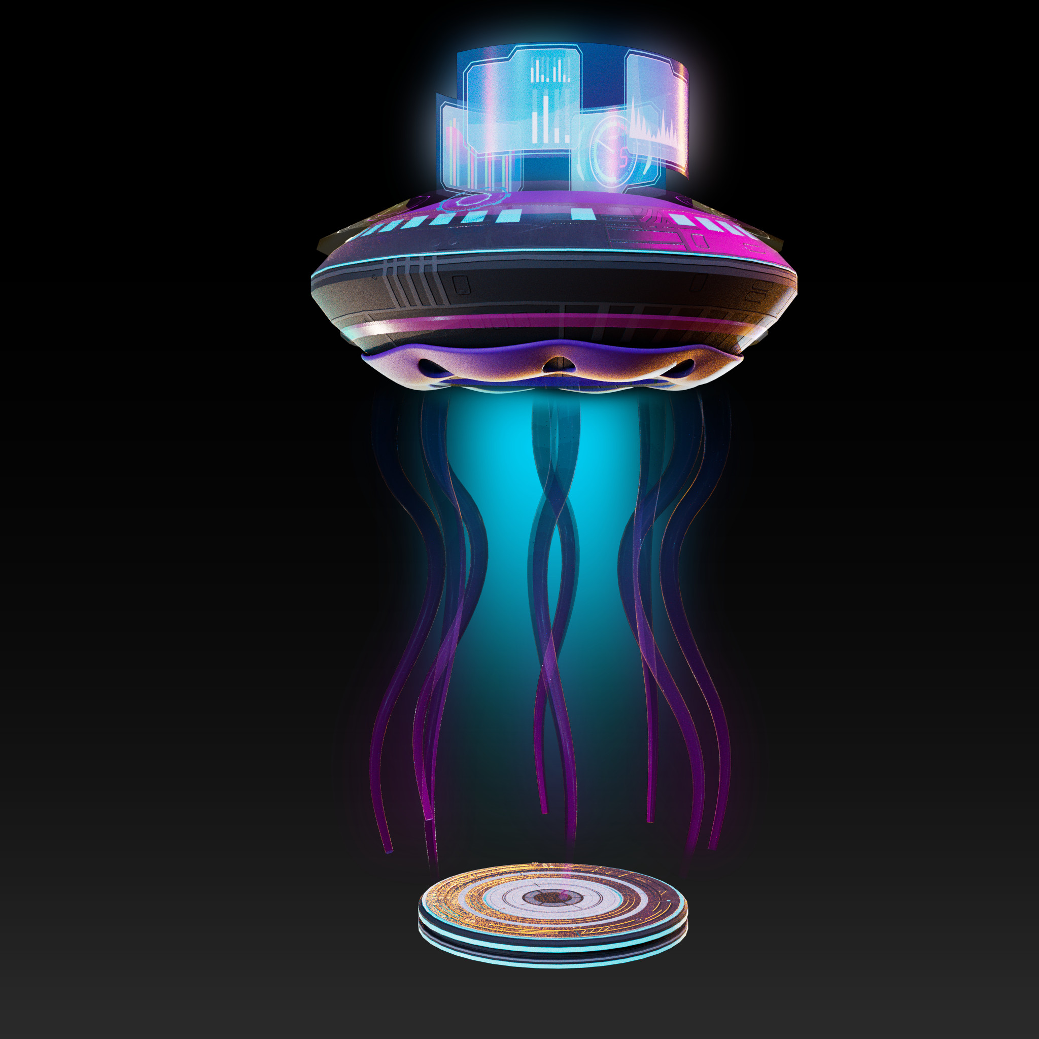 The idea behind this podium was to present the beatmaker in a diegetic way via the holograms placed around the jellyfish interior.