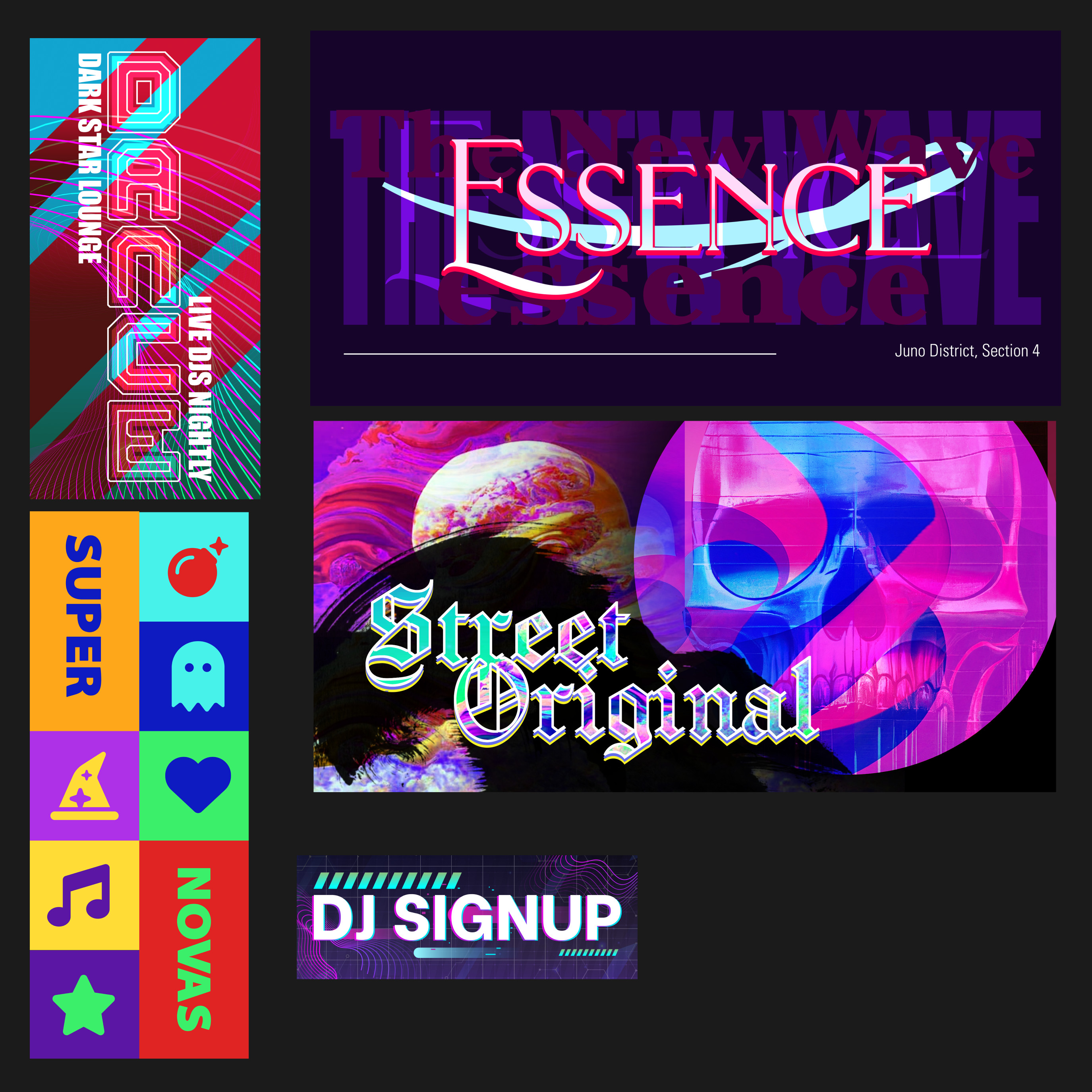 It wouldn't be a cyberpunk city without signage, and so I spent time creating these colourful signs to populate the surfaces of the city.