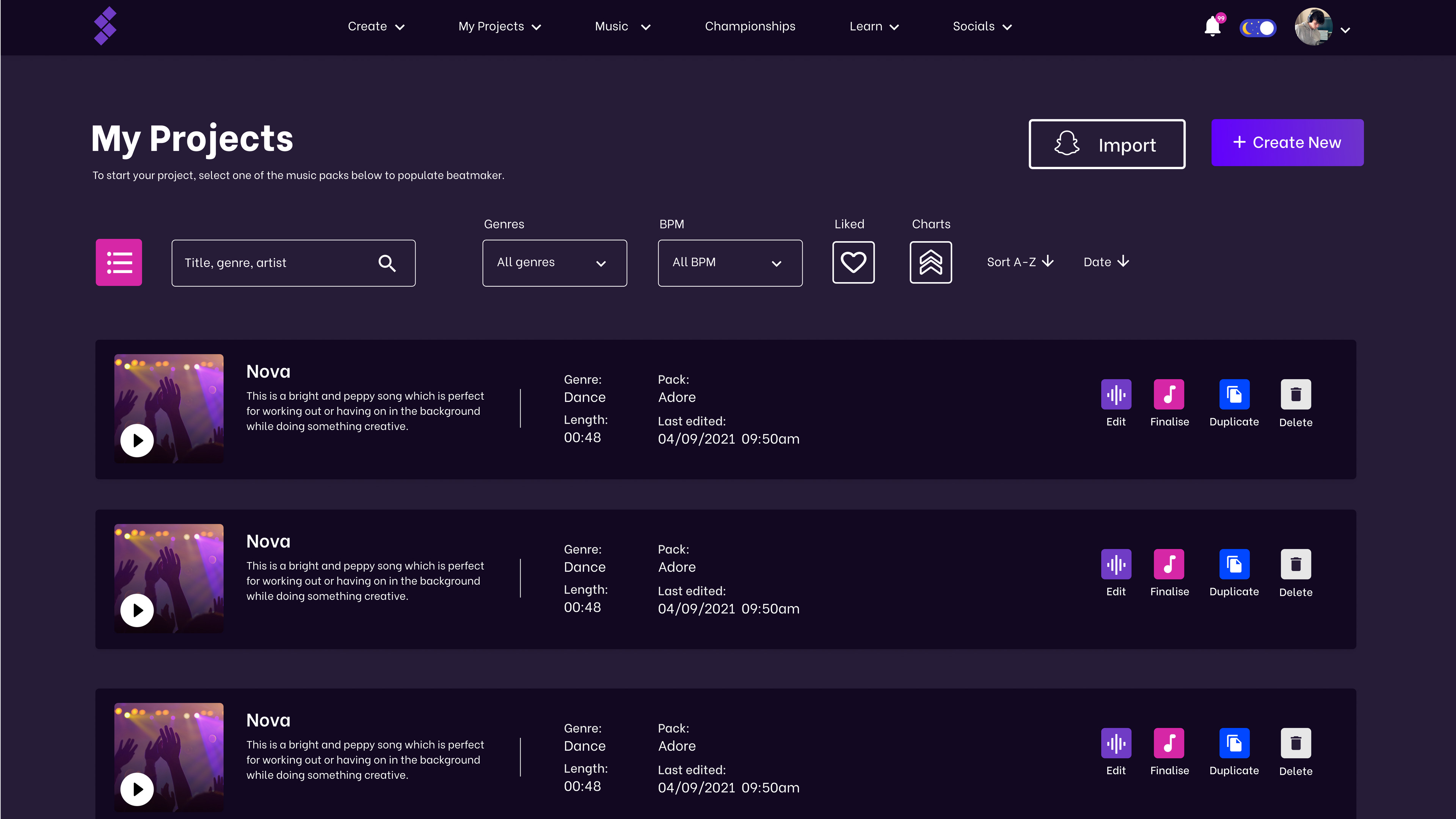 The projects page contains player performances which have been imported into the game
