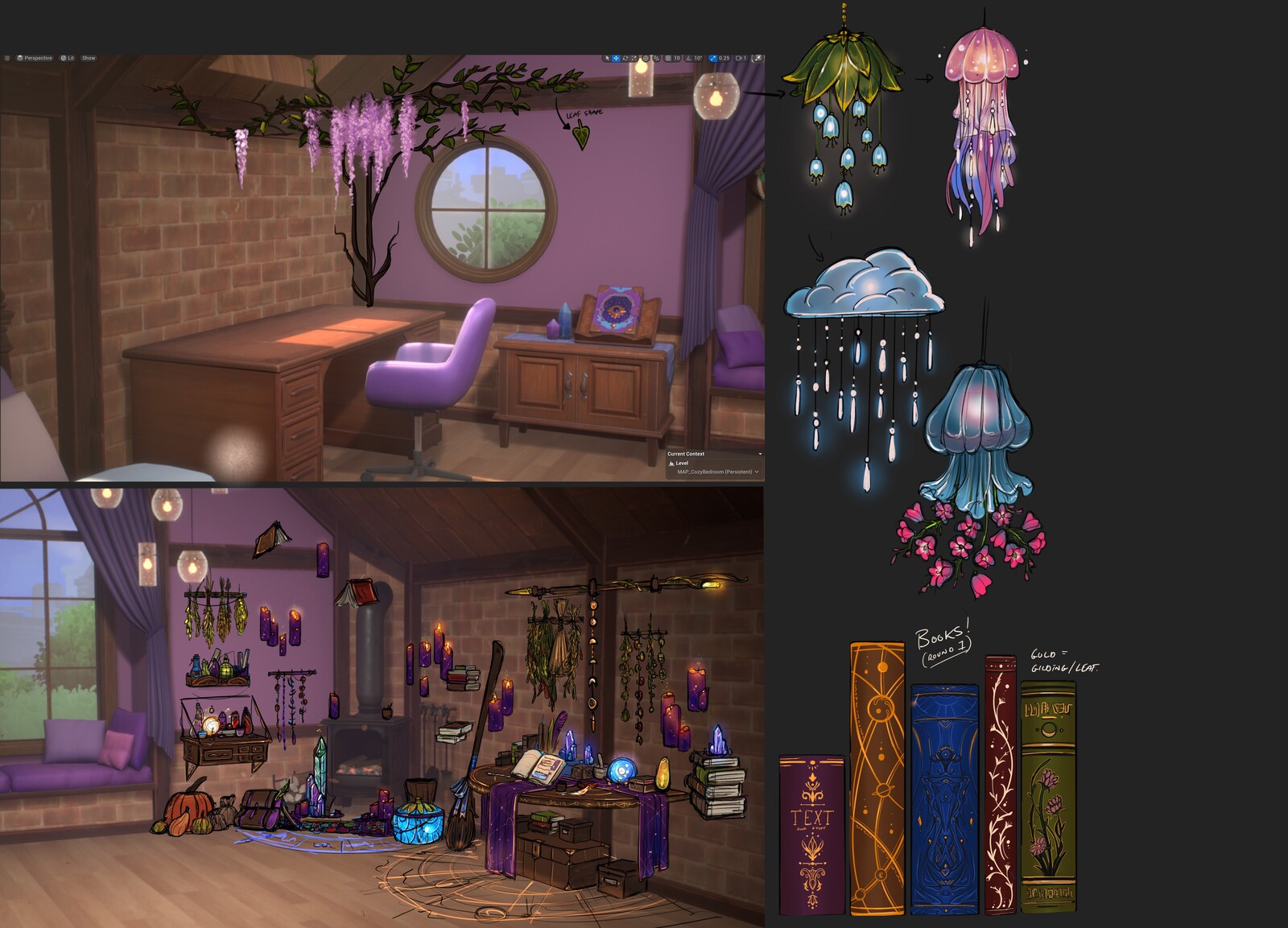 A magical setting with floating candles and books. Additional sketches for lamps and a corner hanging wisteria vine.
