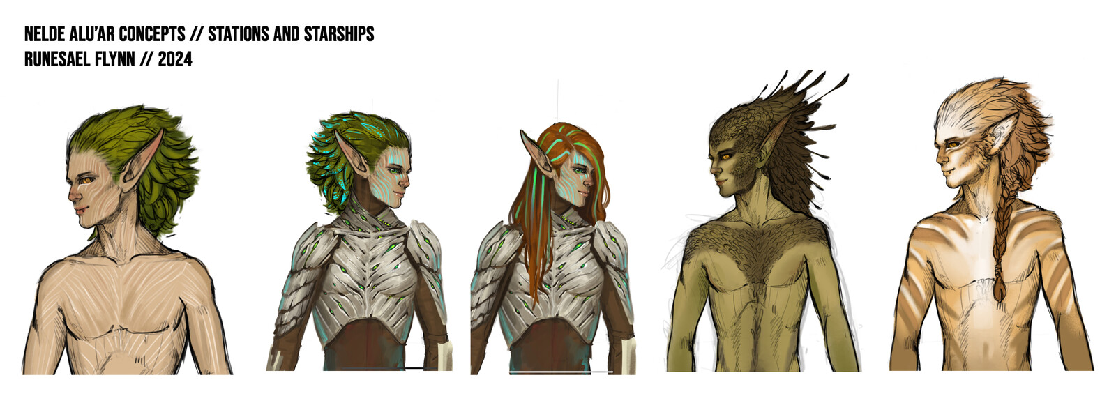 The original Nelde Alu'ar (wood elves) were a little more wild looking. We ended up toning the archetype down for the final image. I didn't bother sketching full figures - they're humanoids.