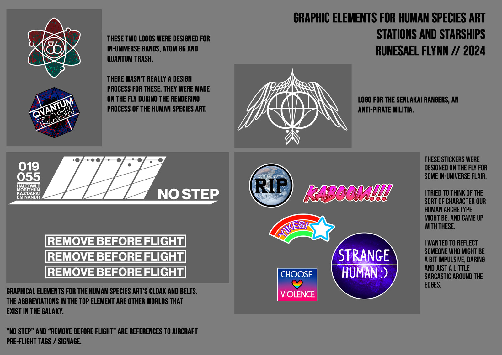 In-world graphic elements - some band logos, specific stickers, graphic elements for clothing and a logo for a militia group.
