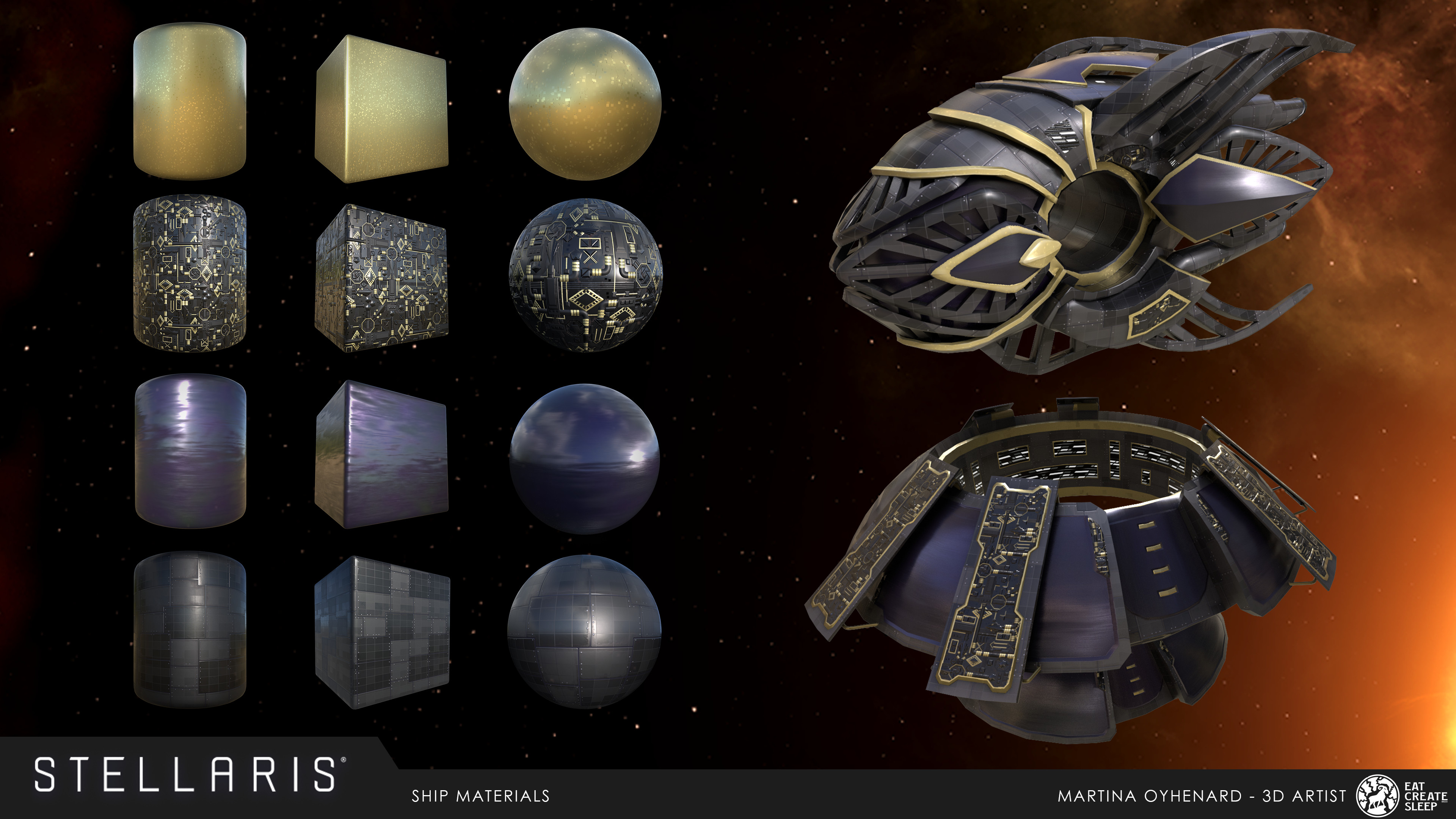 Materials for ship set:
- Sparkle gold
- Greeble with art deco details
- Pearl metal
- Metal plates

(windows made by Moa Bruus)