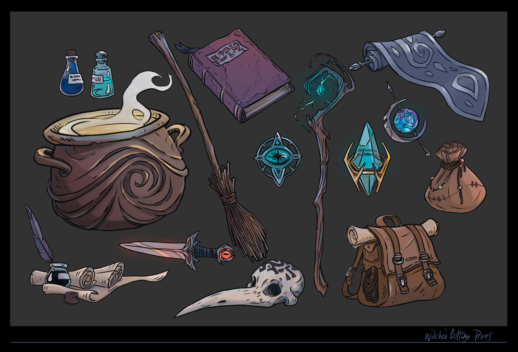 prop designs for a witches cottage set