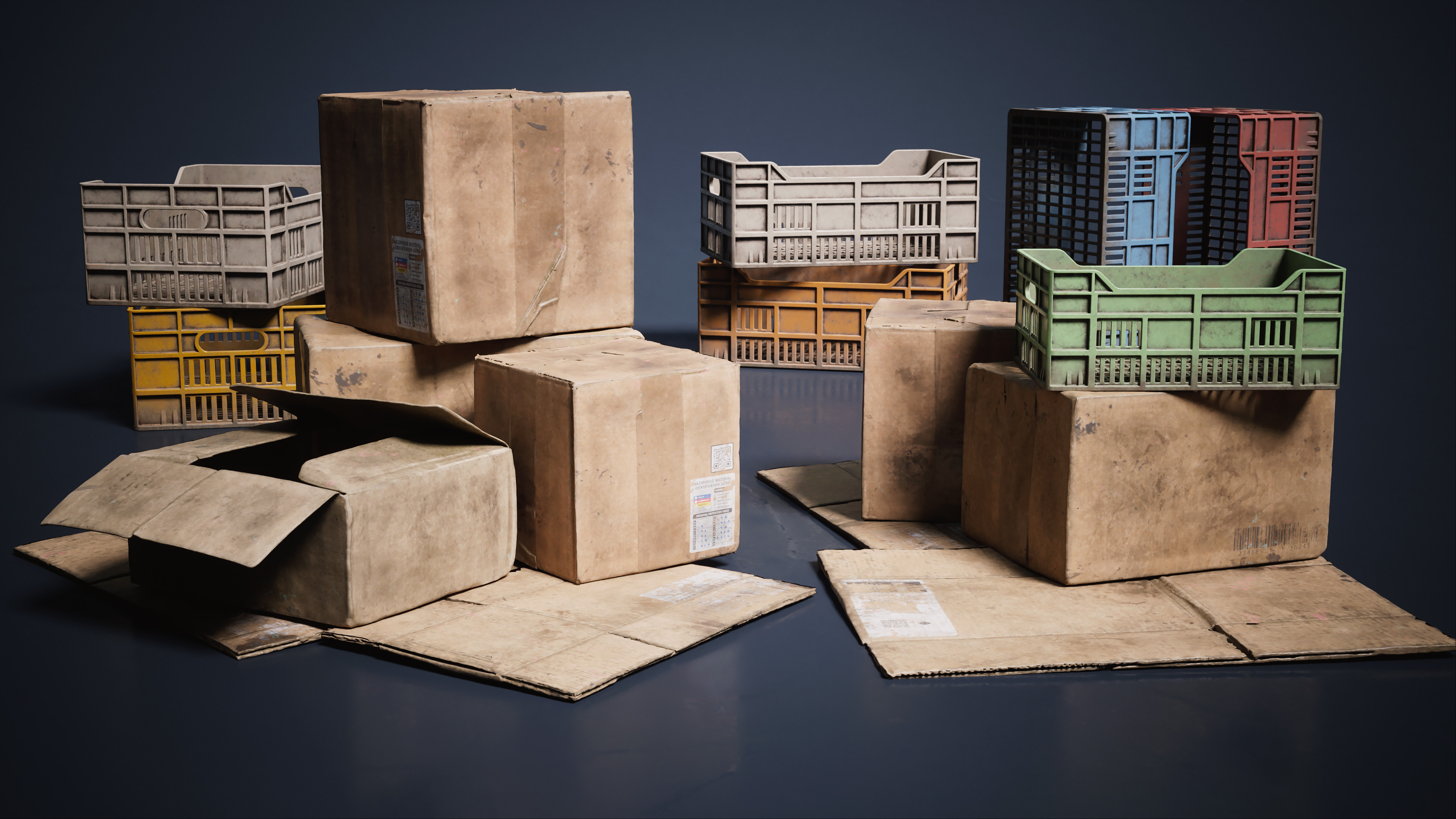 Cardboard boxes were cleaned up megascans and retextured to fit the style of other props 