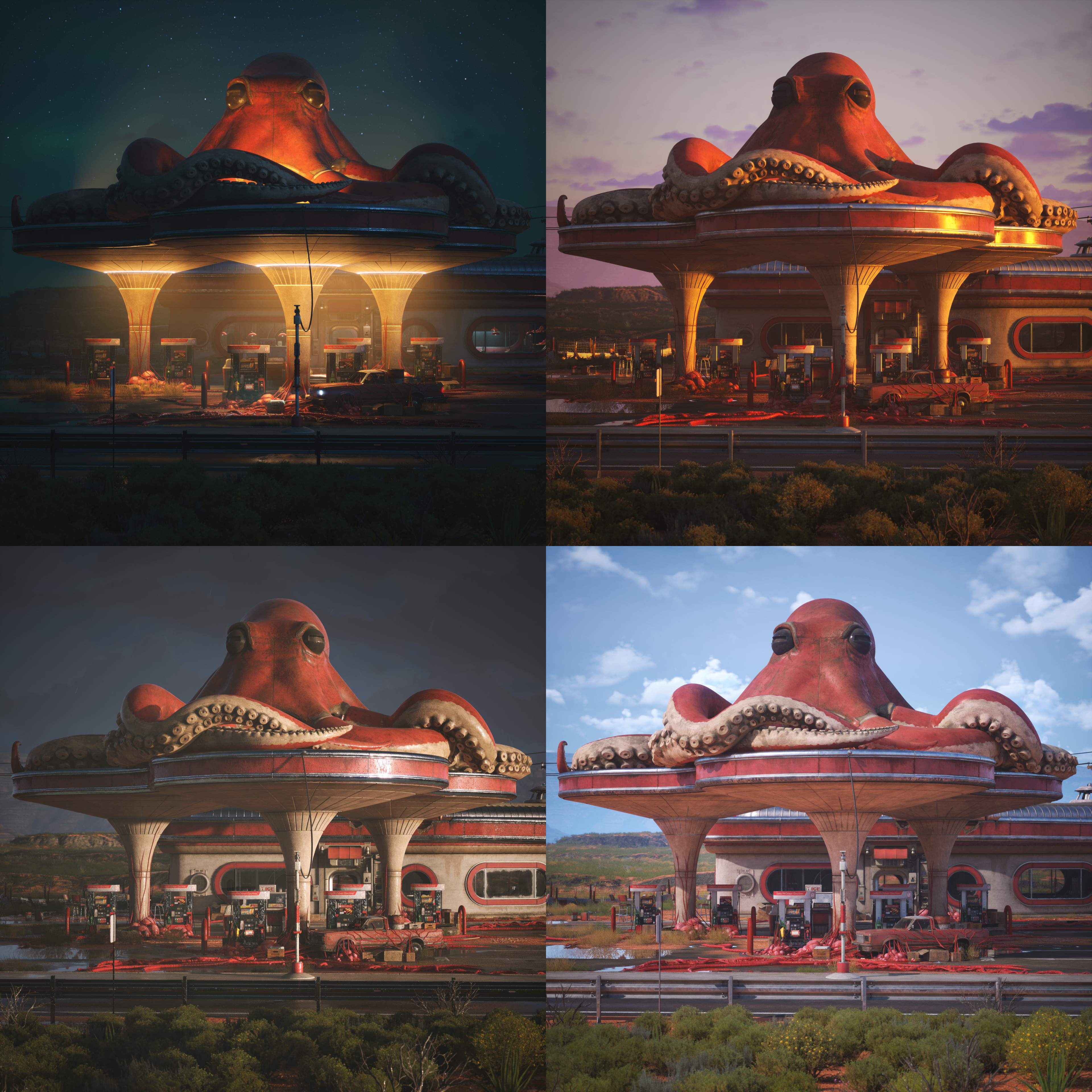 Different times of day - Night, Morning, Stormy and Day 