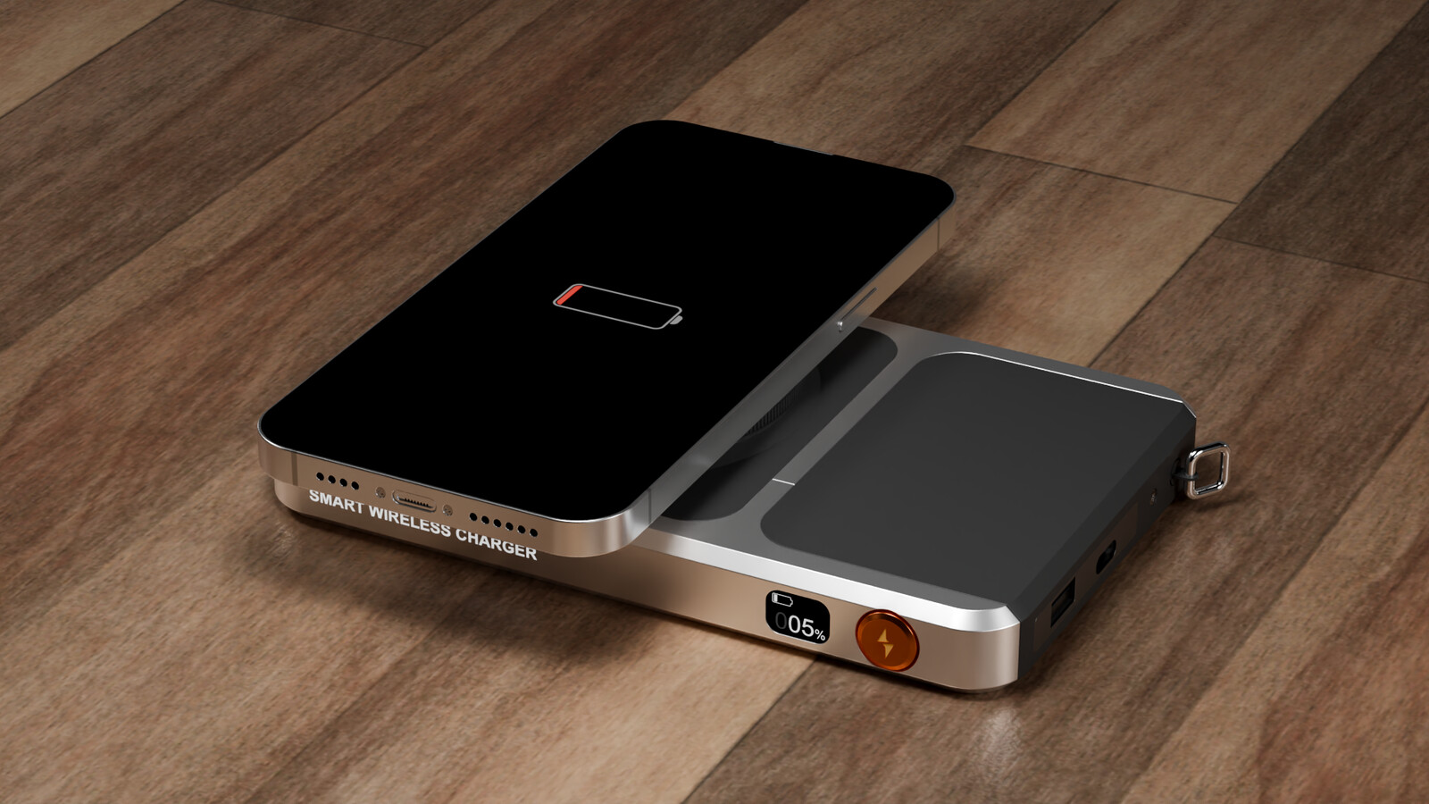 Wireless charger model, front view with iPhone