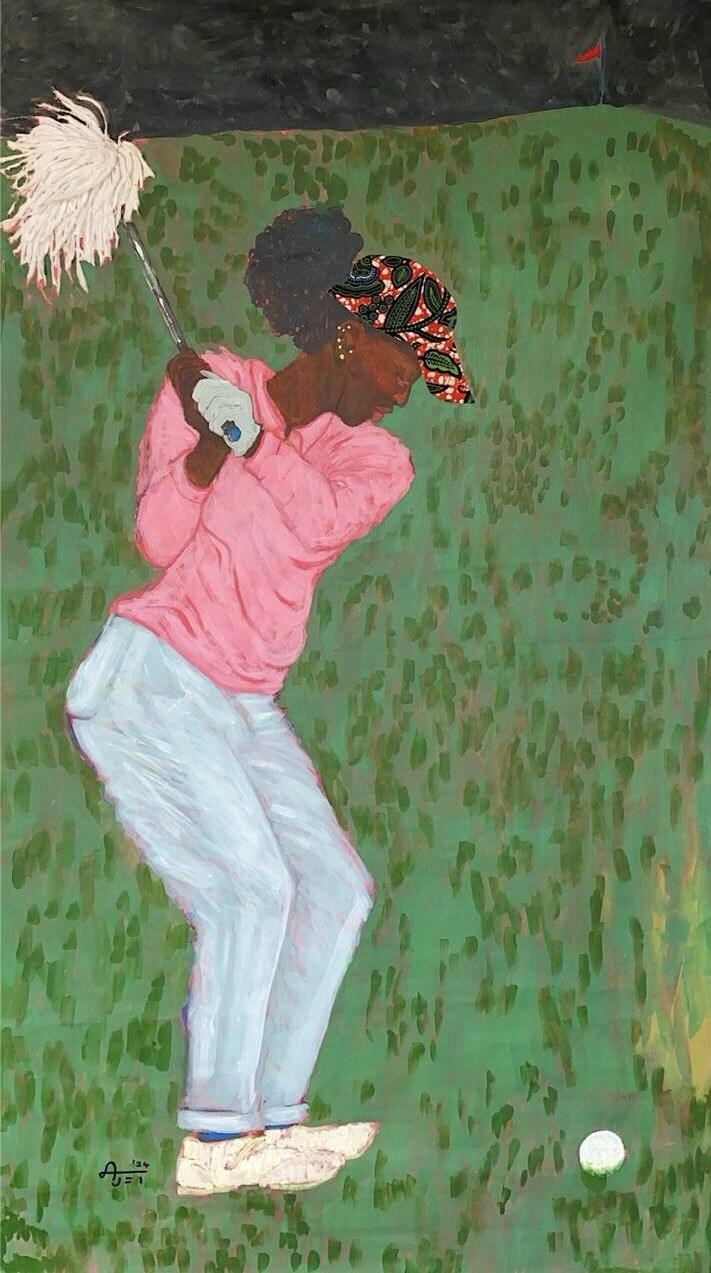 Title: Handicap.
Media: Acrylic, cotton, wax print, canvas.
Size: 34 x 61 inches, 86.4 x 155cm.
Year: 2024.
