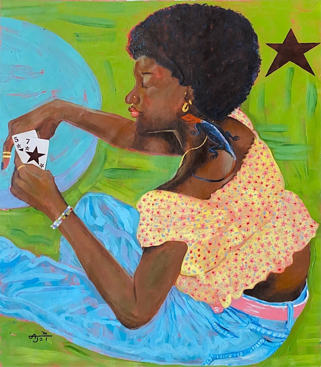 Title: Lucky stars.
Media: Acrylic, WHOT cards, canvas.
Size: 83 x 71 cm / 32.75 x 28 inches.
Year: 2024.