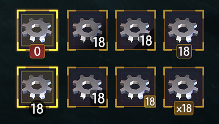 Some options for how to display amounts for items in the toolbar and various inventories in the game. We ended up going with the simplest version, which fit best with our final UI visual style.