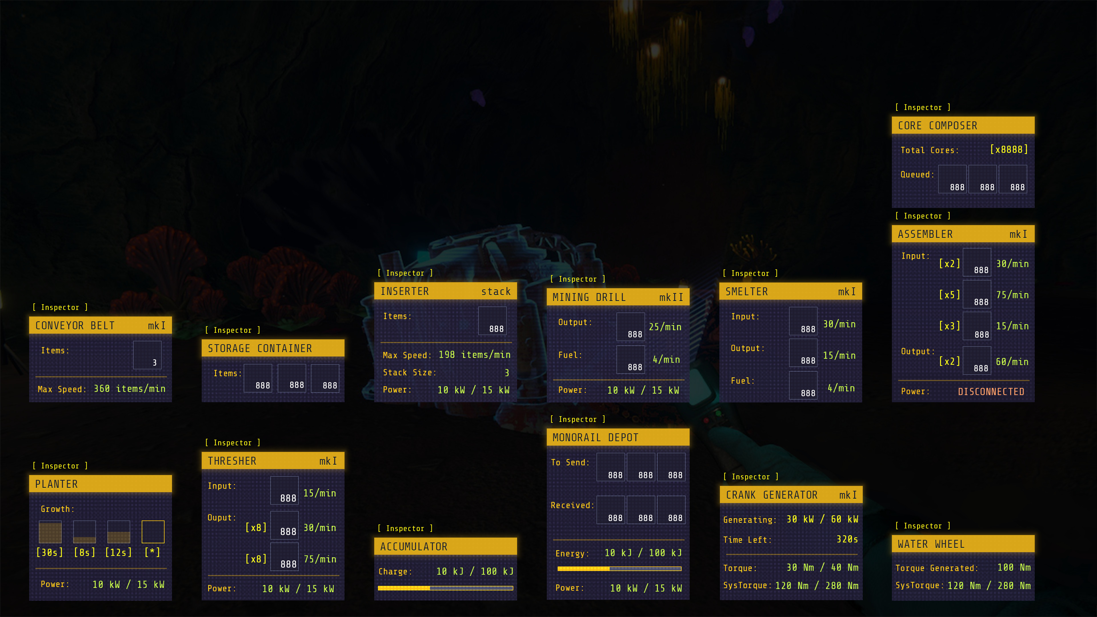 Each machine and interactible in the game had a unique layout in the dynamic inspector panel on the HUD. We had to account for massive numbers and complex units in a very small space for each of these.