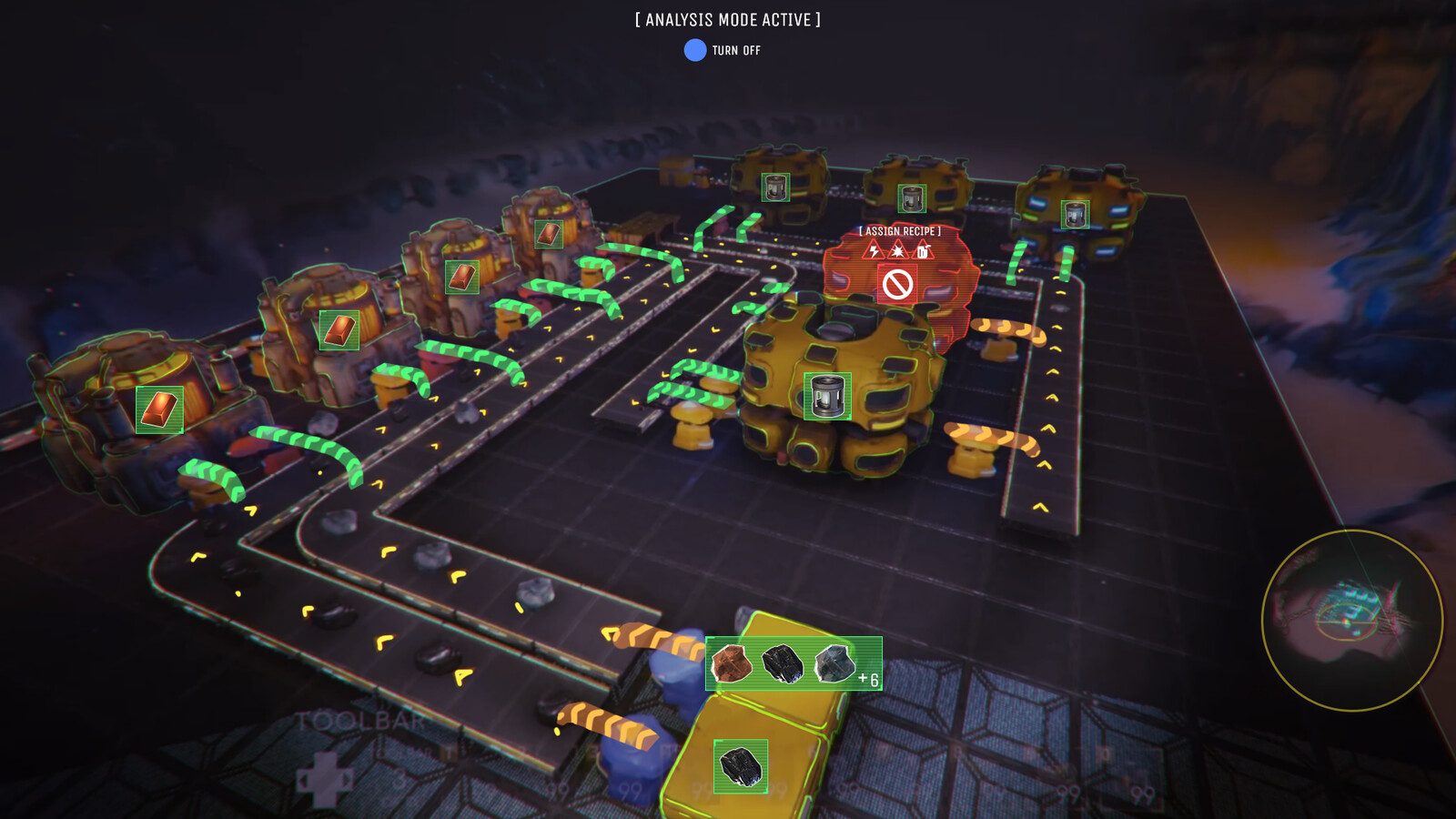Mockup for Overlay mode (usually called "alt mode" because in Factorio the activation button is alt). This mode shows inserter directionality, storage previews, current machine recipes, and various factory debugging errors.